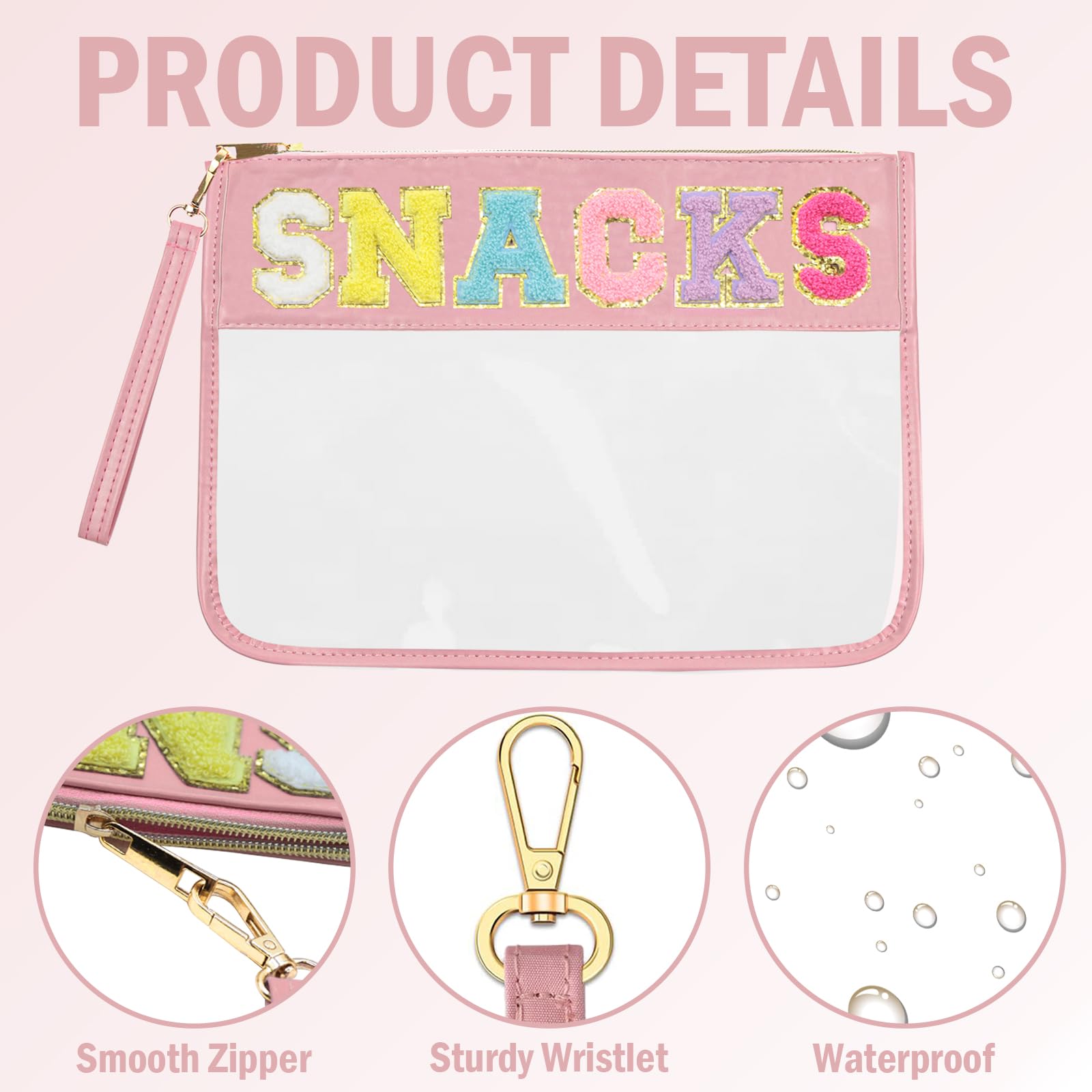 Snack Bags Pouch | Travel Makeup Bag with Chenille Letters | Clear Zippered Cosmetic Organizer | Women's Toiletry Tote for Travel, Gym & Daily Essentials