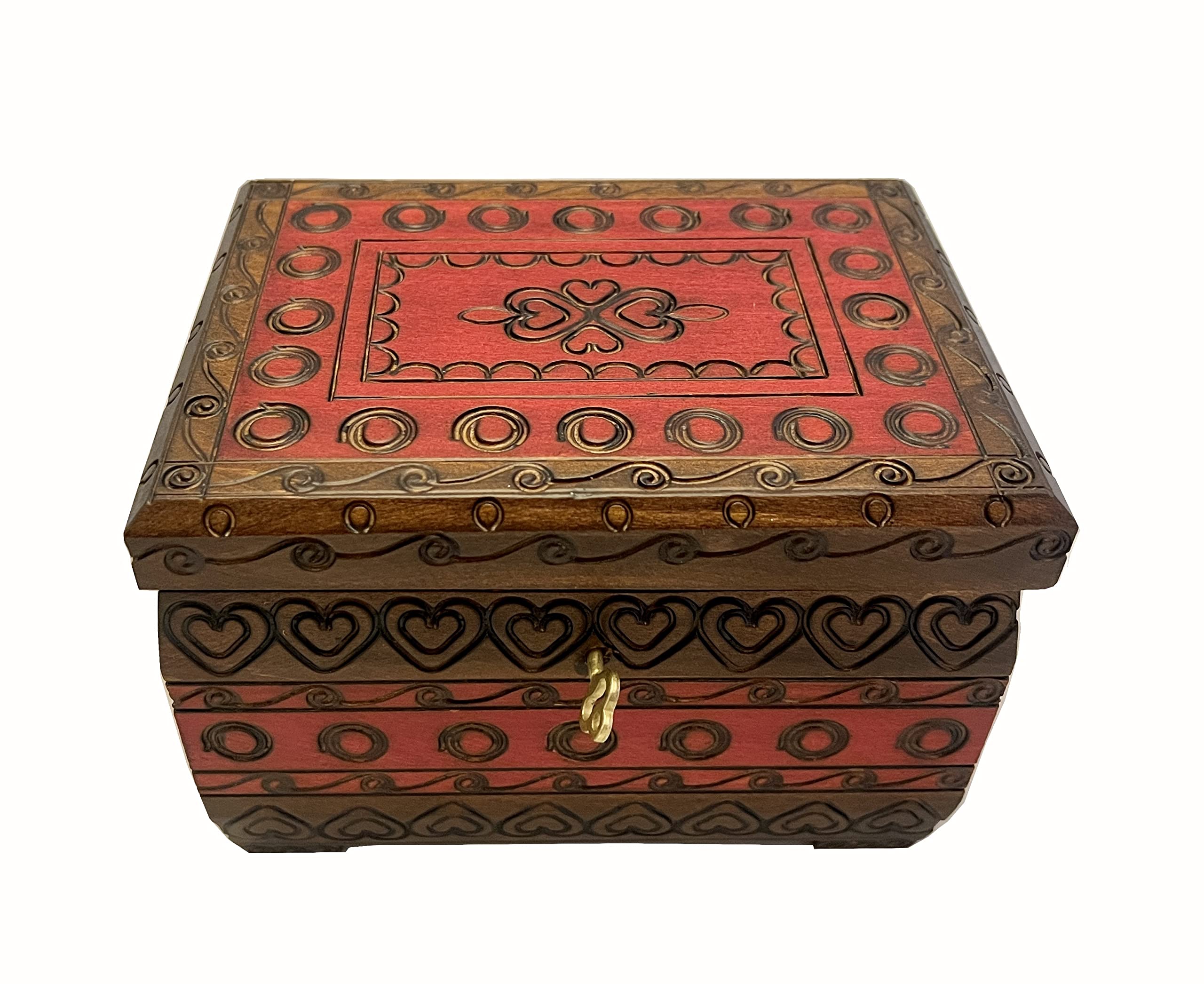 Handcrafted Red Heart Wooden Jewelry Box with Lock & Key - Romantic Linden Wood Keepsake Chest for Valentine's Gifts, Anniversary & Wedding Jewelry Storage