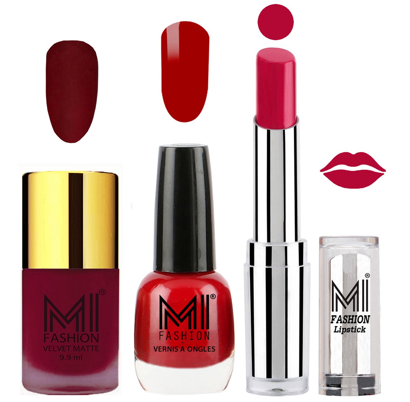 MI Fashion Nail Polish & Lipstick Set - Mauve Matte Nail Polish, Red Shine Polish & Dark Magenta Lipstick (3-Piece Combo) | Perfect for Parties, Date Nights & Gift Giving