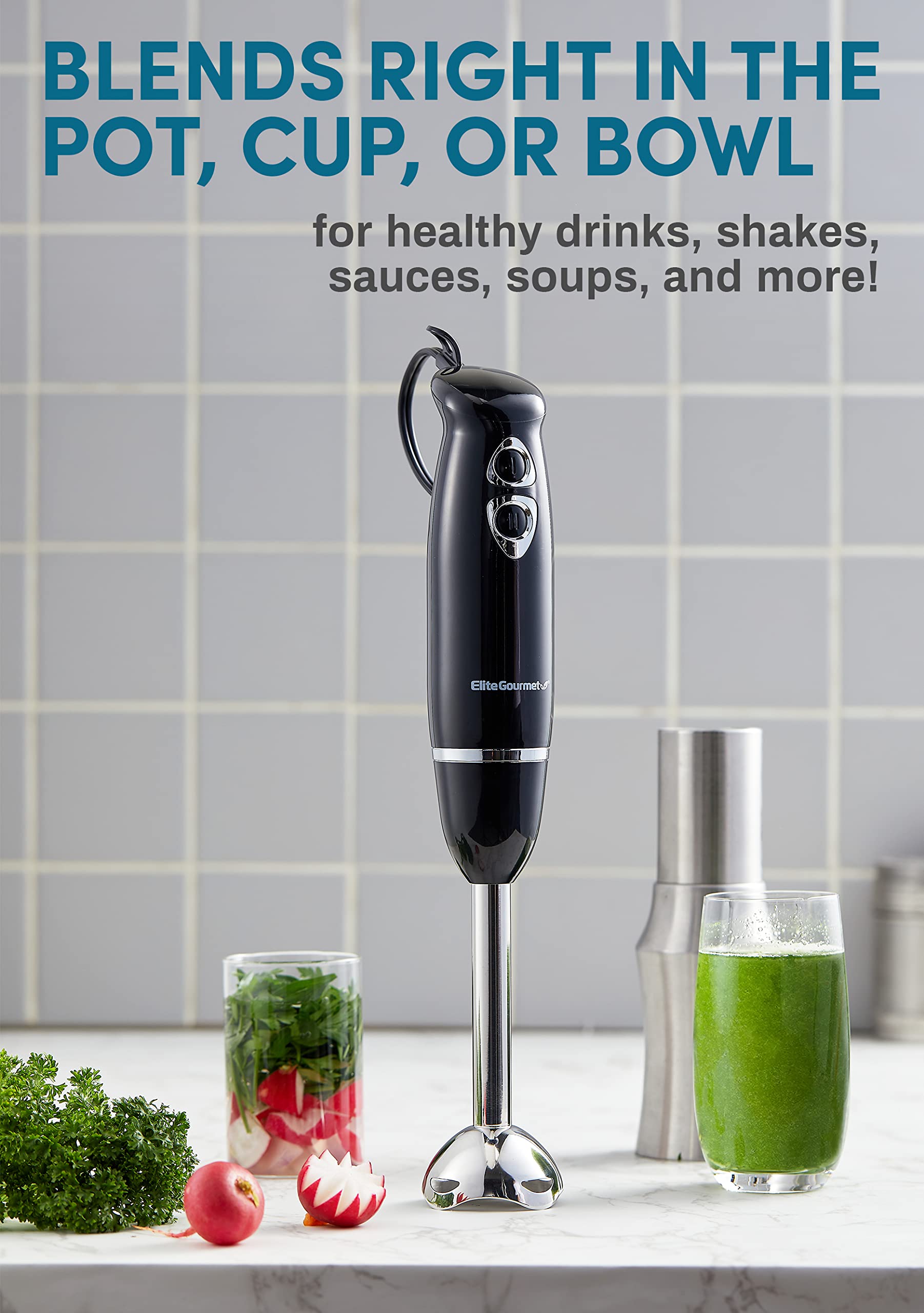 Elite Gourmet EHB1015 500W 2-Speed Immersion Hand Blender with Stainless Steel Blades - Detachable Stick Mixer for Smoothies, Baby Food, Soup & More - Perfect for Kitchen, Restaurant & Home Cooking (Black)