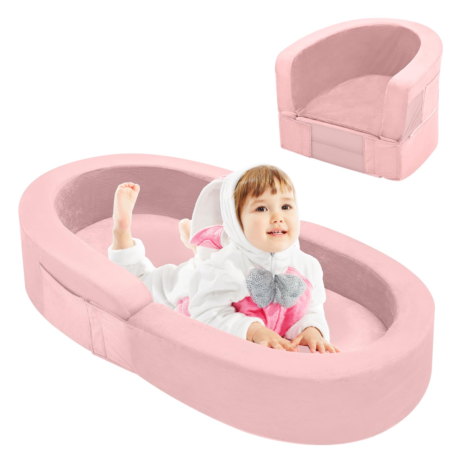 Portable Toddler Travel Bed - Foldable 2-in-1 Kids Sofa with Soft Foam & Washable Cover | Convertible Toddler Cot for Indoor & Outdoor Use | Perfect for Camping, Travel, Playdates & Sleepovers