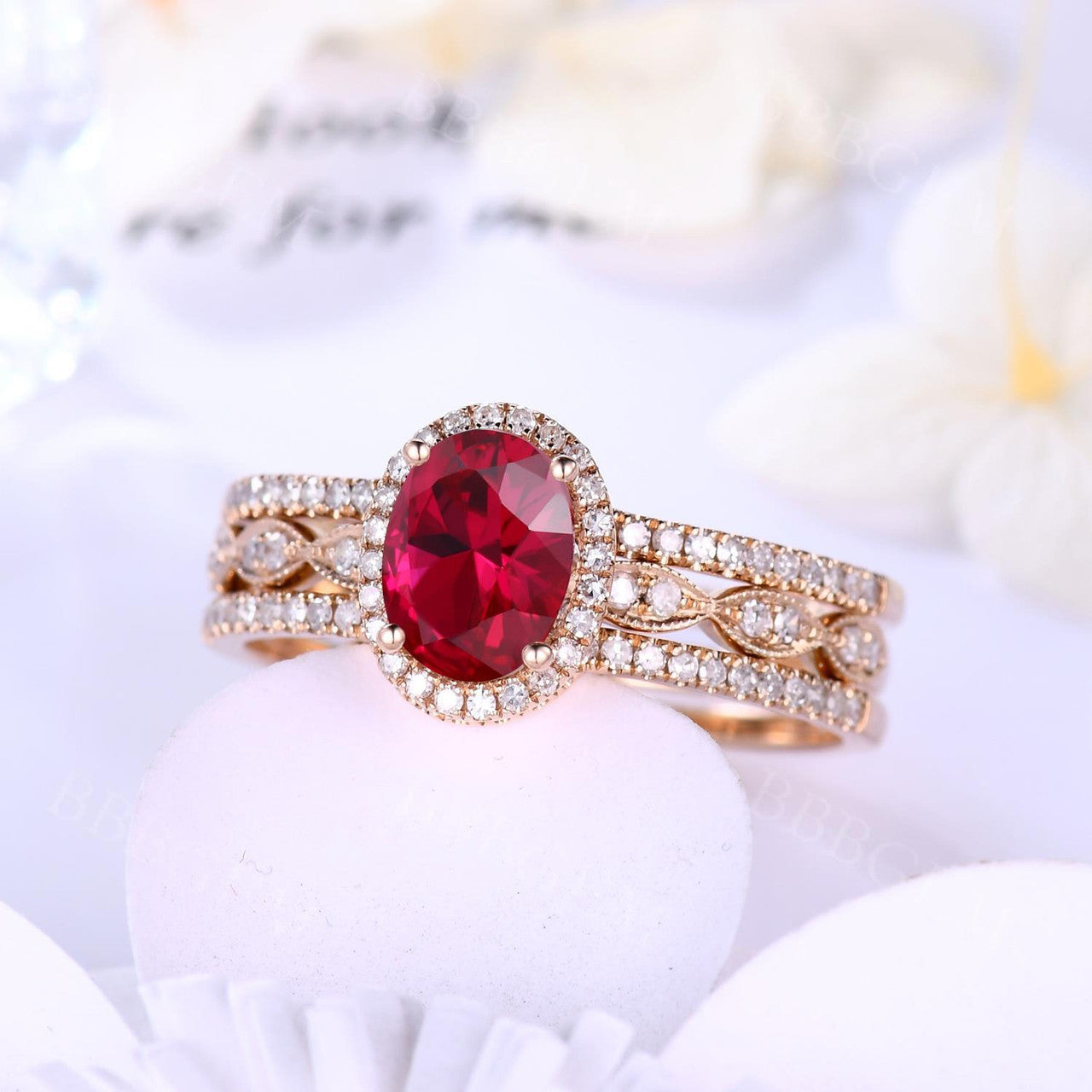 Rose Gold Diamond Halo Lab Ruby Engagement Ring Set With Euro Open Shank Double Band - Elegant Wedding Jewelry for Brides, Anniversary Gifts & Romantic Proposals