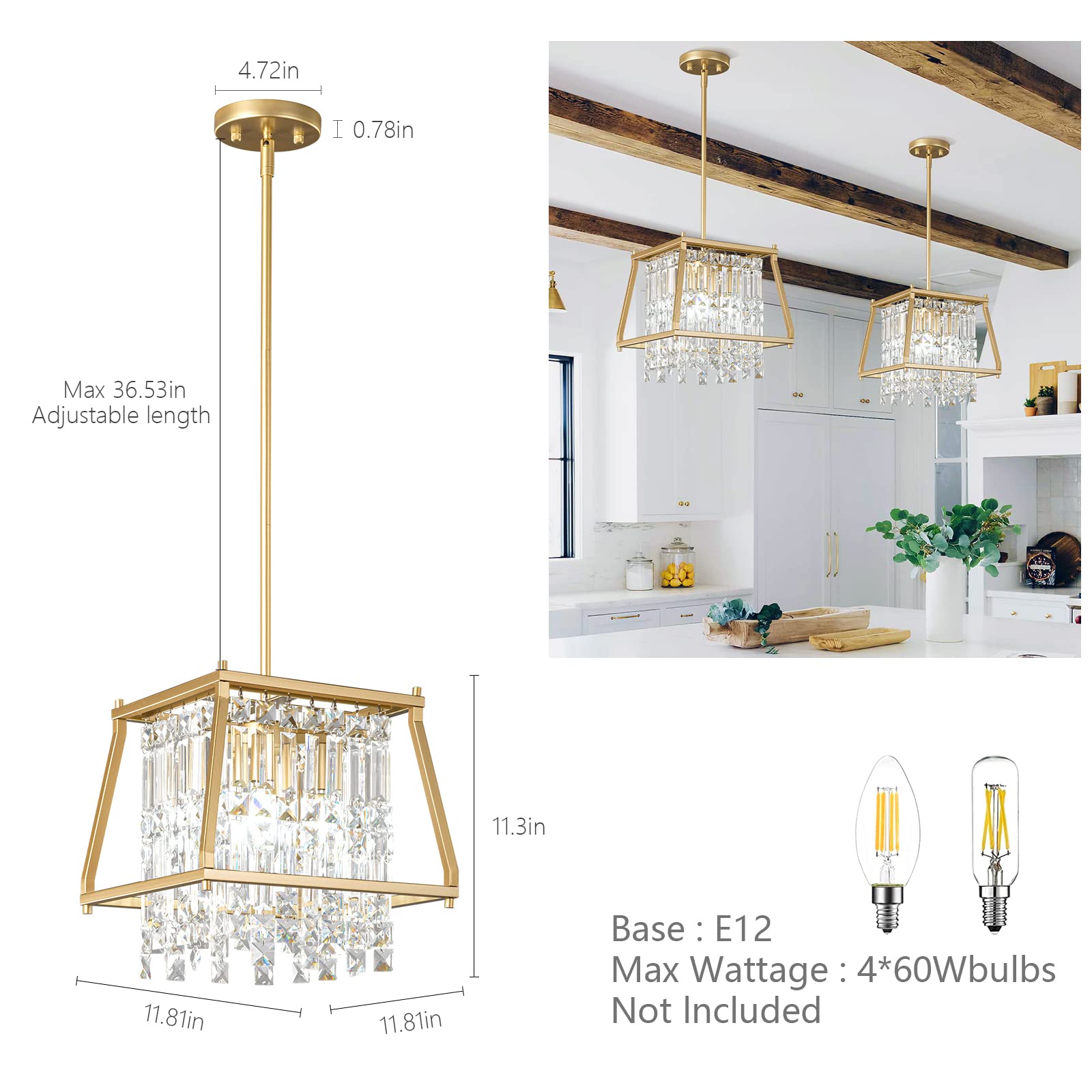 LMQNINE Farmhouse Chandelier - Gold Metal Crystal Pendant Light Fixture for Kitchen Island, Dining Room, Living Room - Flat & Sloped Ceiling (Trapezoid 11.81 Inch) - Perfect for Rustic Home Decor & Wedding Venue Lighting