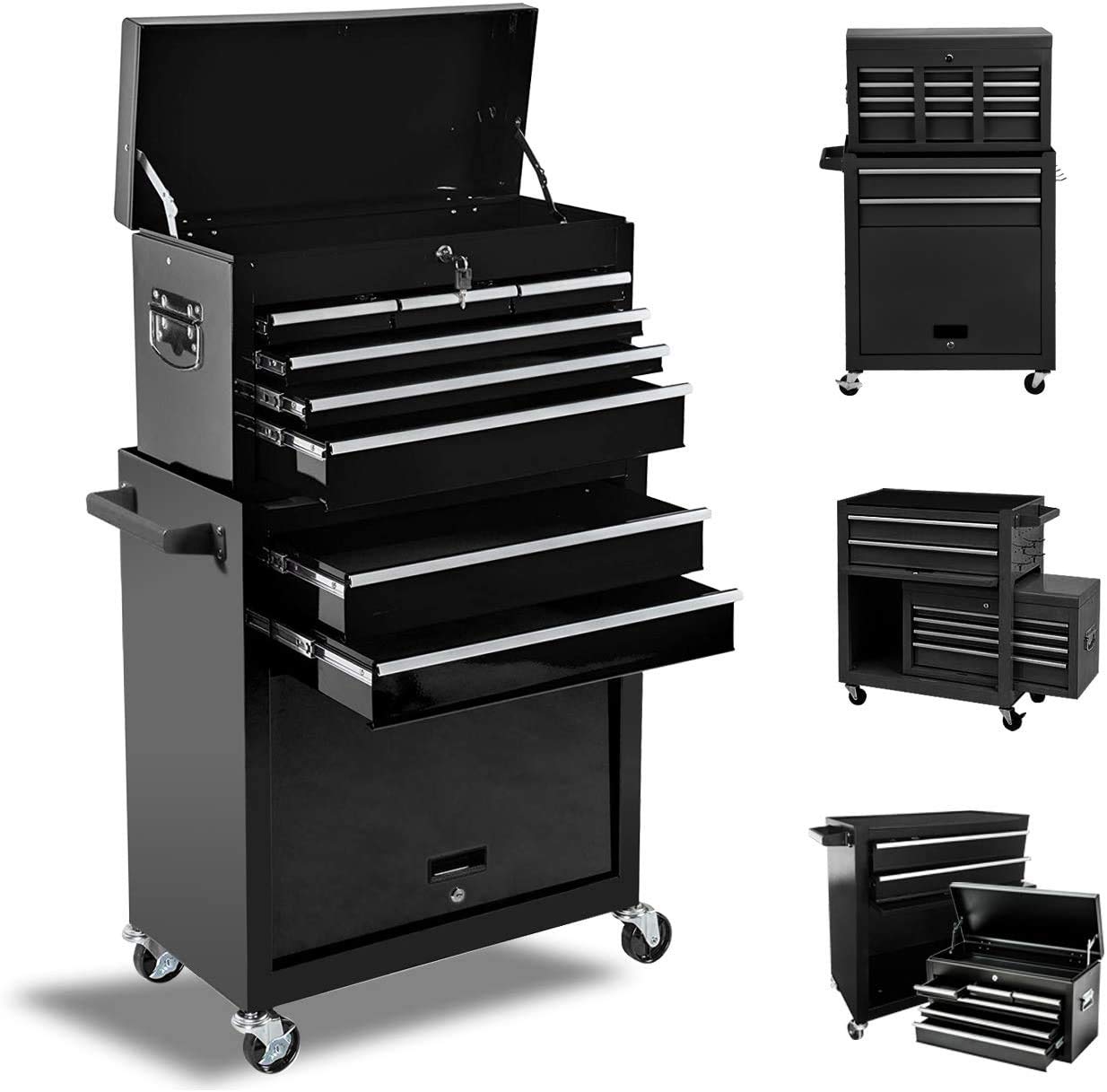 8-Drawer Rolling Tool Chest with Lock - Heavy-Duty Sliding Drawers & 4 Casters - High Capacity Tool Storage Cabinet for Garage, Workshop, Warehouse - Removable Organizer for Mechanics & DIY (Cool Black) - Perfect for Professional Tool Organization & Home Improvement Projects