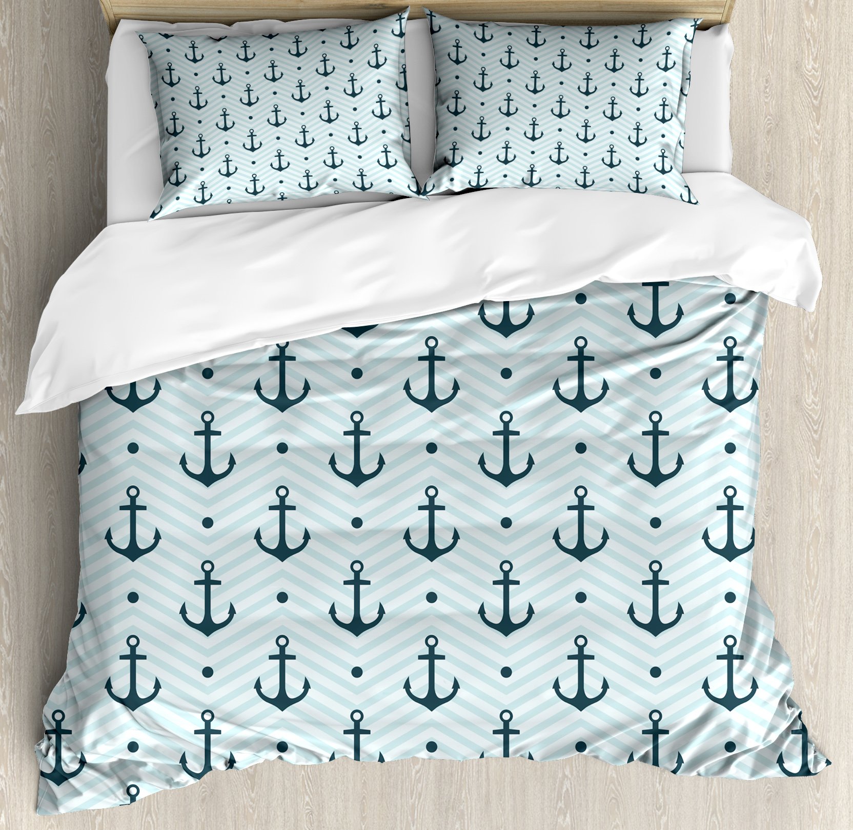 Ambesonne Anchor Duvet Cover Set - Ocean Inspired Zigzag Pattern with Nautical Anchor & Dots Design, 3 Piece Queen Size Bedding Set with 2 Pillow Shams in Seafoam Teal | Perfect for Coastal, Beach House & Summer Themed Bedroom Decor