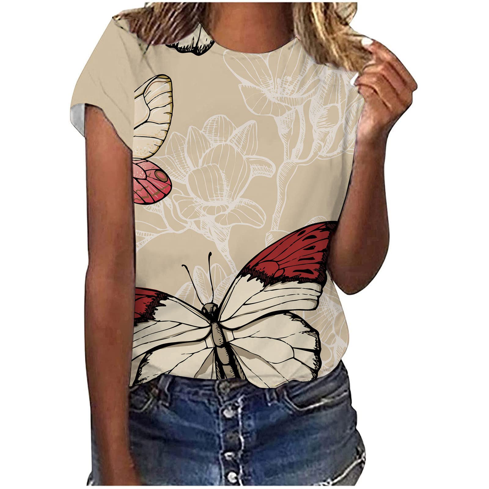Women's Business Casual Butterfly Print Short Sleeve T-Shirts - Stylish Work Blouses for Office Wear & Professional Outfits