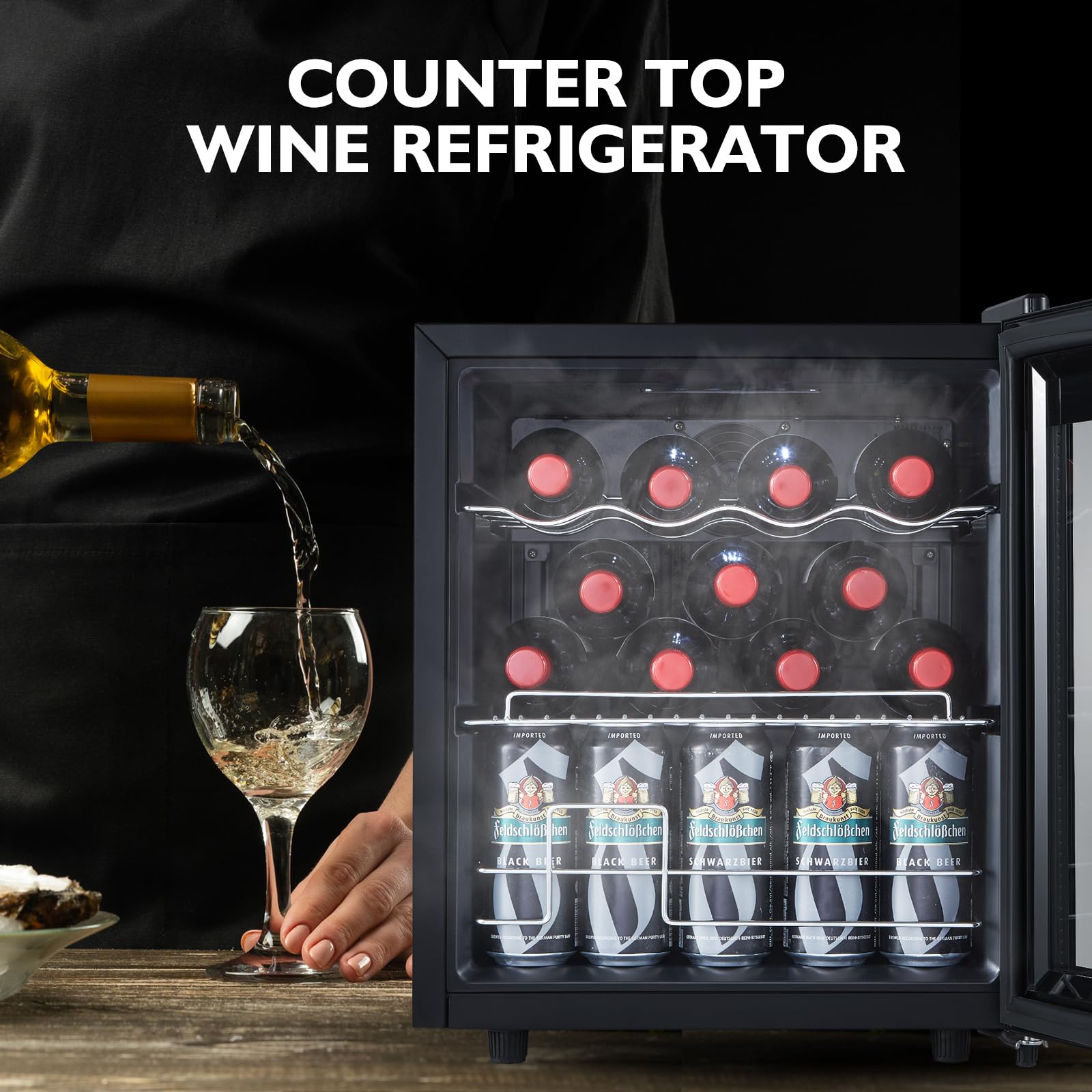 15 Bottle Mini Wine Fridge Freestanding - Digital Control Wine Cooler Refrigerator for Red & White Wine with Glass Door - Perfect for Home Bar, Kitchen Countertop & Office Use