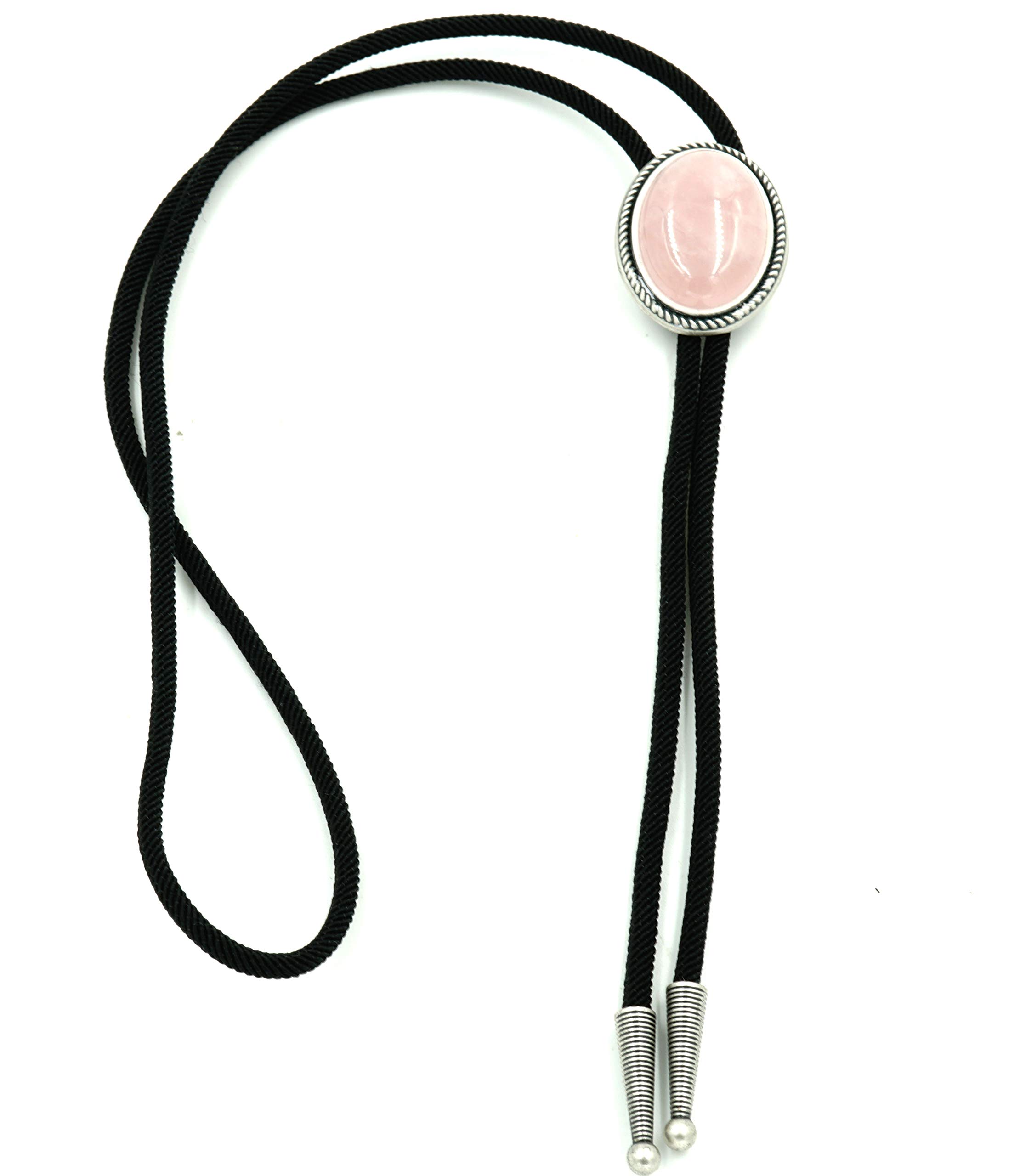 Rose Quartz Stone Silver Plated Western Cowboy Braided Fabric Bolo Tie Necklace for Men Women - Perfect for Rodeo, Country Music Festivals & Western Fashion