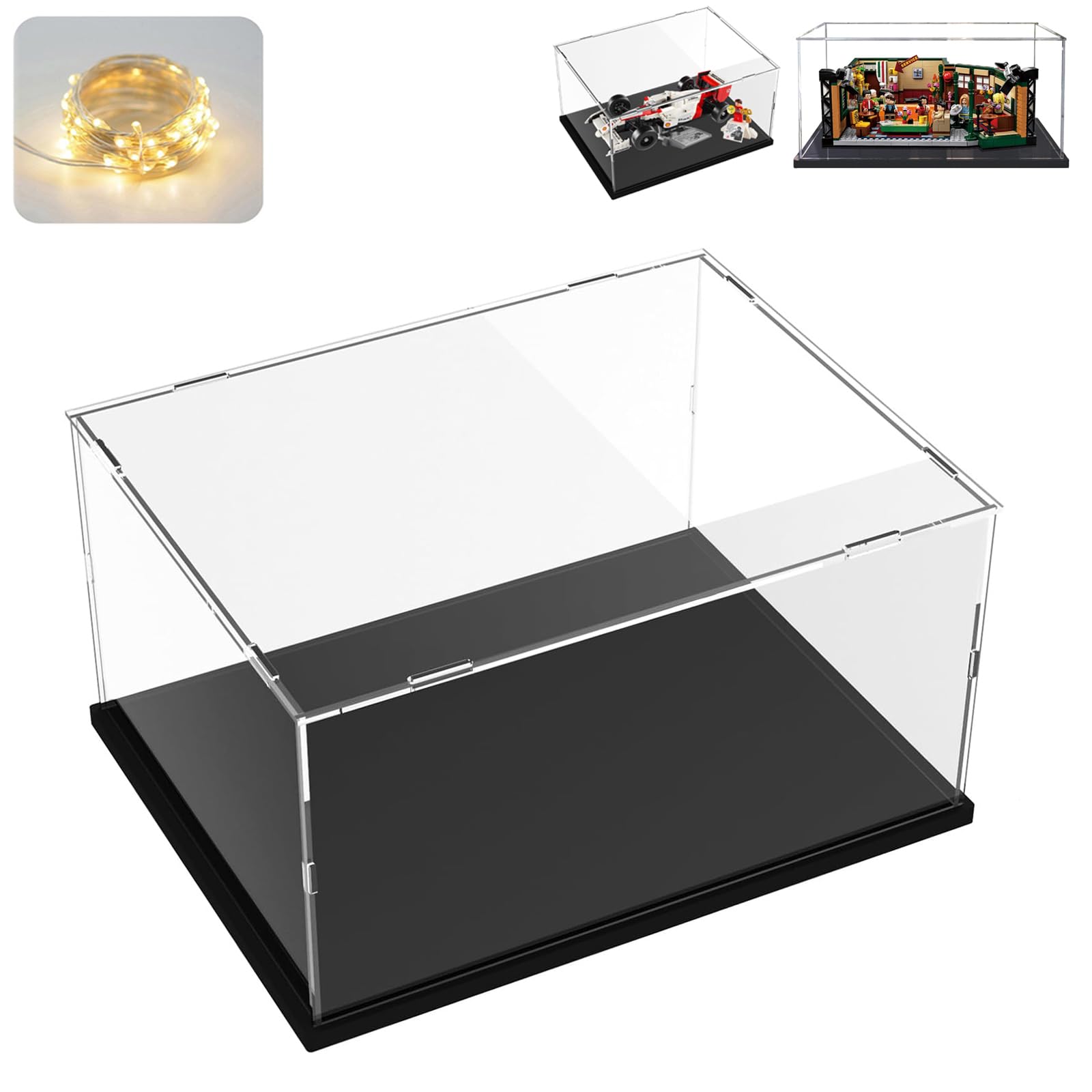 Premium Clear Acrylic Display Case for Lego Sets 21319 Central Perk, 10330, 10321, 10337 - Thickened Transparent Collector's Box with Wood-Plastic Base & LED String Lights (Black Interior, 13.8 x 9.8 x 5.9 Inches) - Perfect for Showcasing Lego Collectibles in Home, Office, or Retail Displays