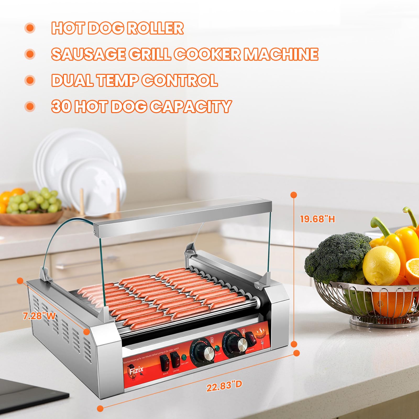1700W Commercial Hot Dog Roller Machine - 30 Hot Dog Capacity, 11 Non-Stick Stainless Steel Rollers with Dual Temperature Control | LED Light & Detachable Drip Tray | Includes Dust Cover for Restaurant, Food Truck, and Convenience Store Use