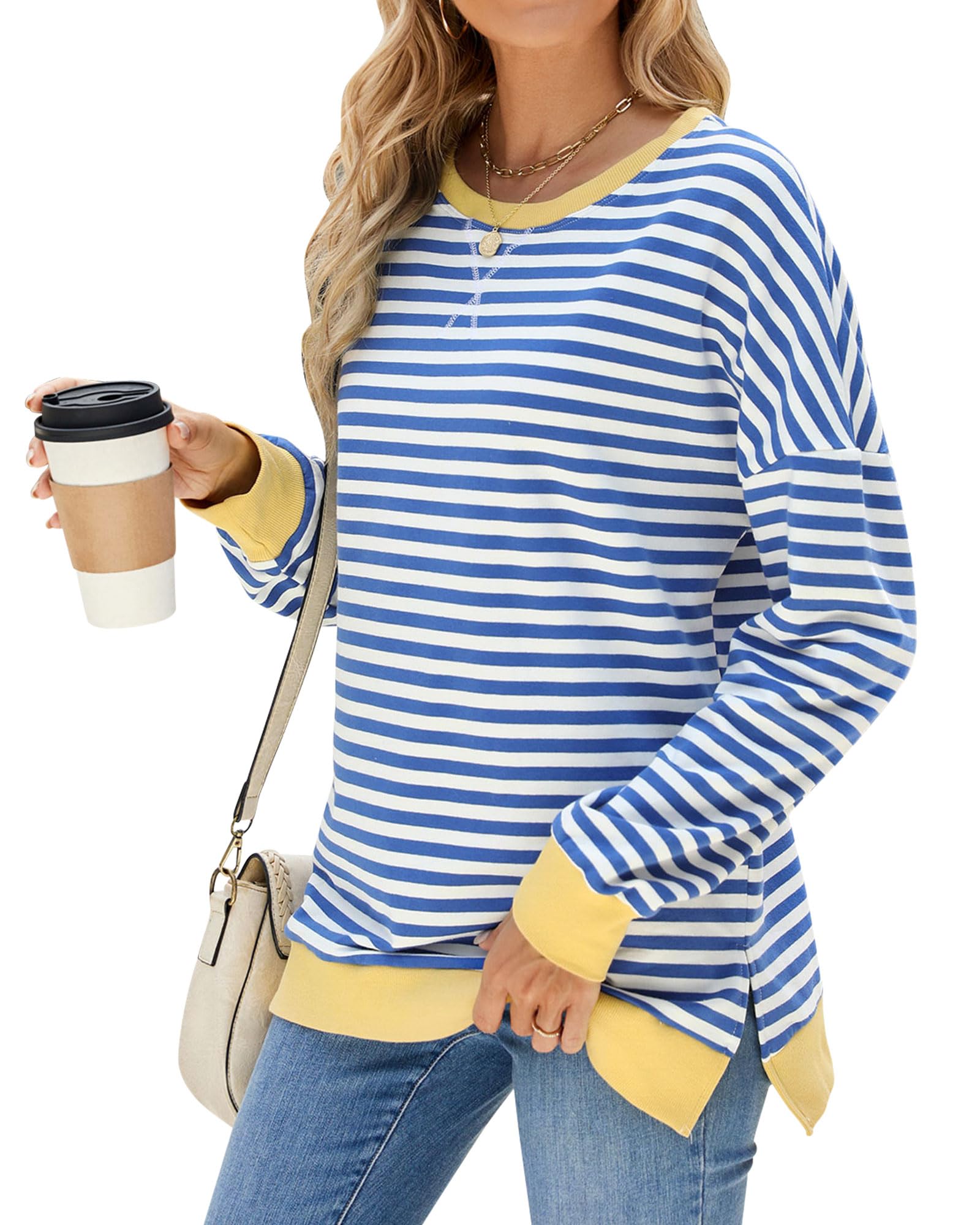 Fashionme 2025 Women's Striped Color Block Tunic Top with Side Slits - Long Sleeve Crewneck Loose Fit Casual Shirt for Spring | Trendy Streetwear & Everyday Outfits