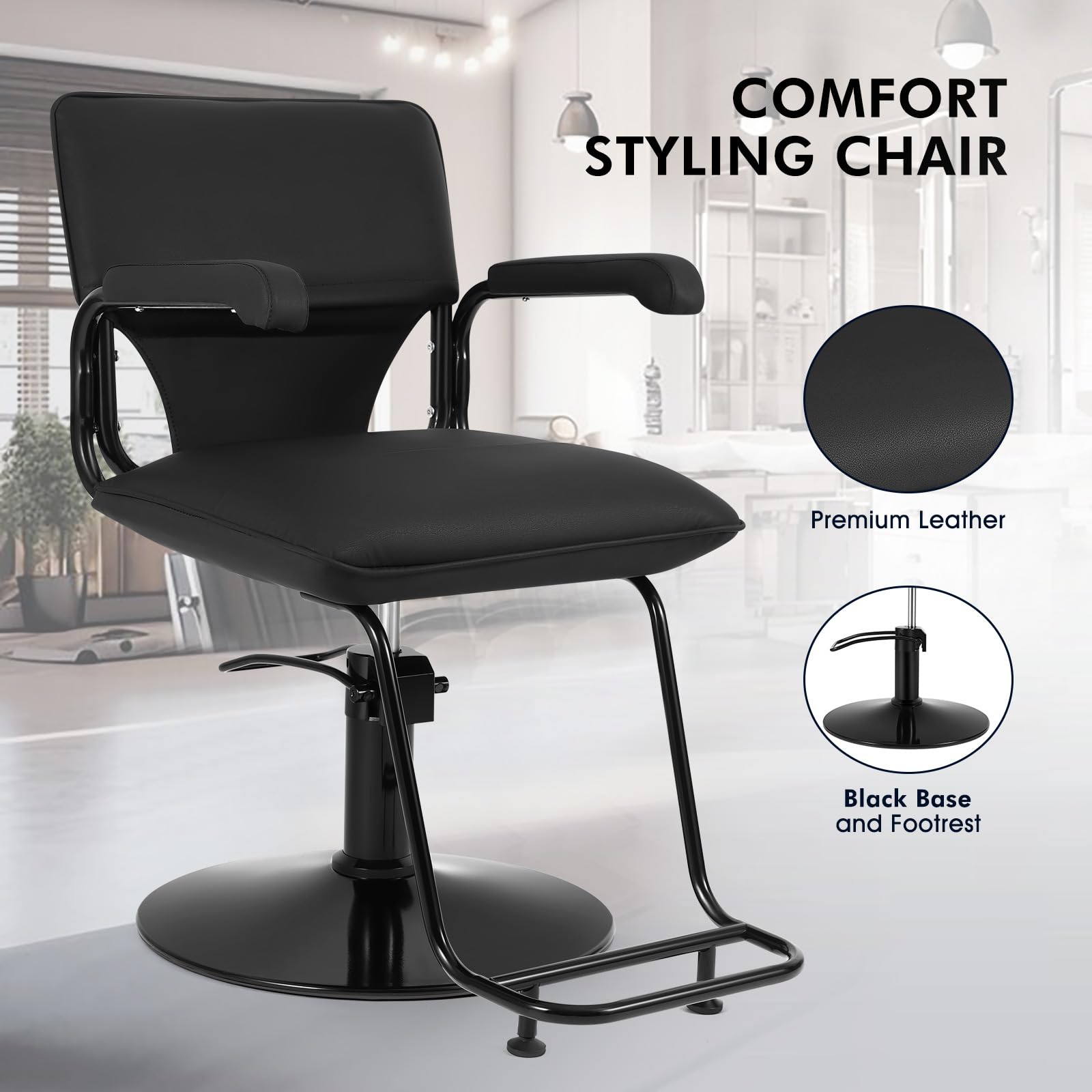 Professional Hydraulic Salon Styling Chair - 360° Swivel Barber Chair for Hair Stylists, Extra Wide & Heavy Duty (330 LBS Capacity) - All Black Beauty Equipment for Salon, Spa & Home Use