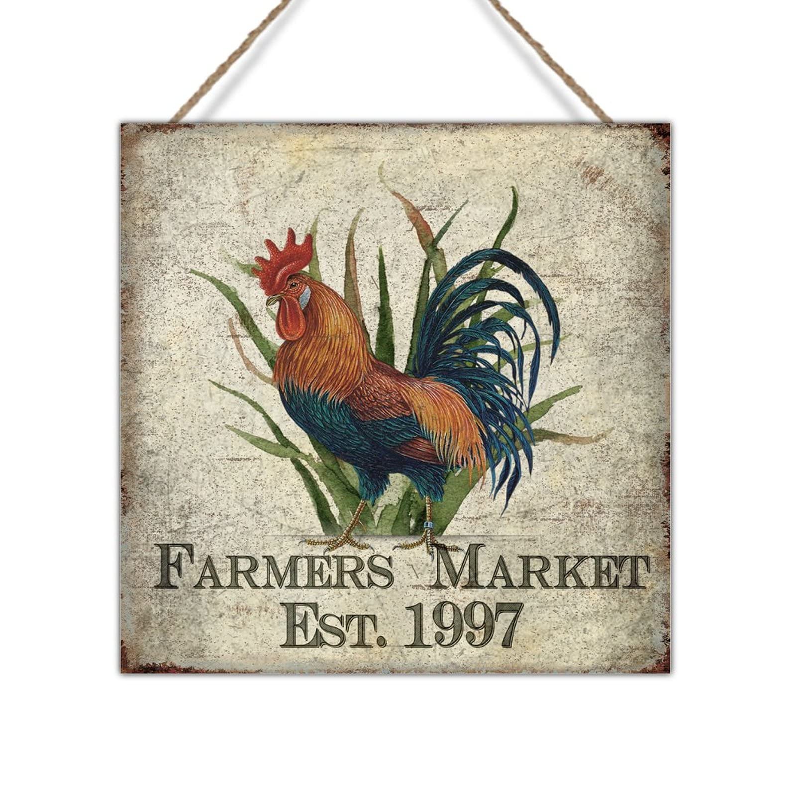 Vintage Farmhouse Rooster Wood Wall Art Plaque - 12x12in Country Chicken Decor for Home, Office & Chicken Coop - Rustic Farmers Market Wall Sign (1997 Collection) - Perfect for Country Kitchen, Barn Weddings & Farmhouse Style Interiors