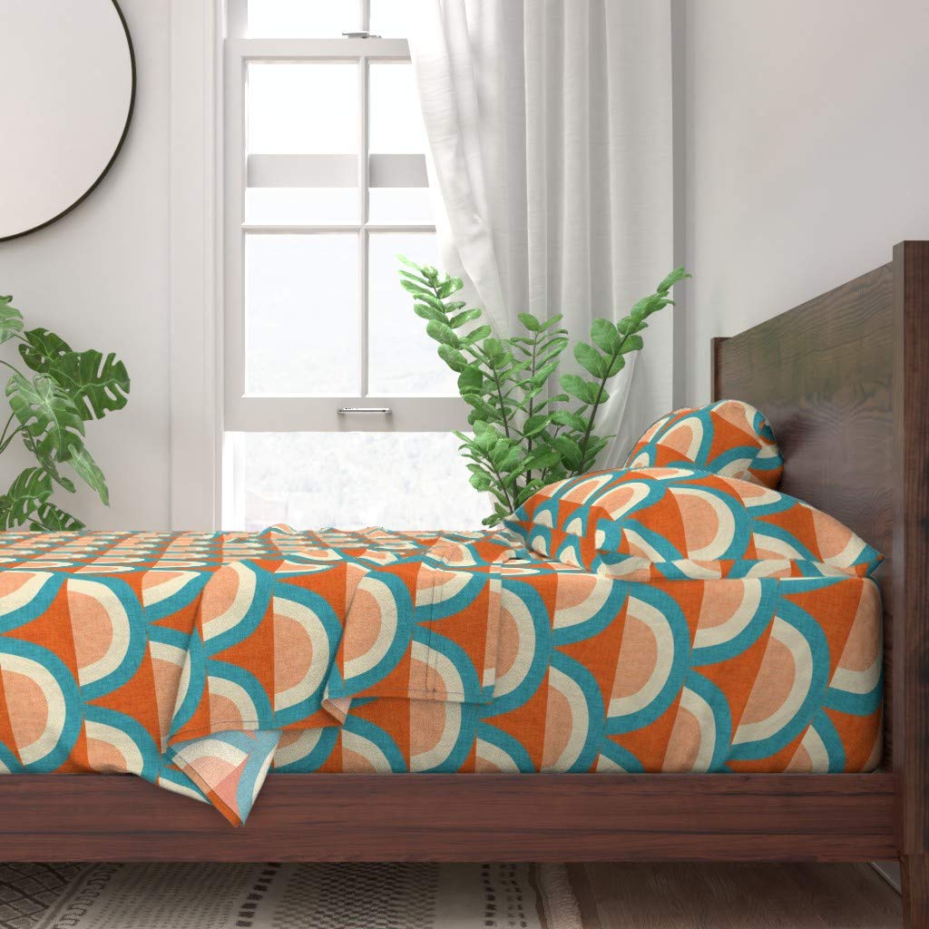 Premium 100% Cotton Twin Sheet Set (3-Piece) - Mid Century Modern Rainbow Magic Blue Retro Dots Print | Custom Bedding for Cozy & Stylish Bedrooms | Perfect for Guest Rooms, Dorms & Vintage-Themed Decor