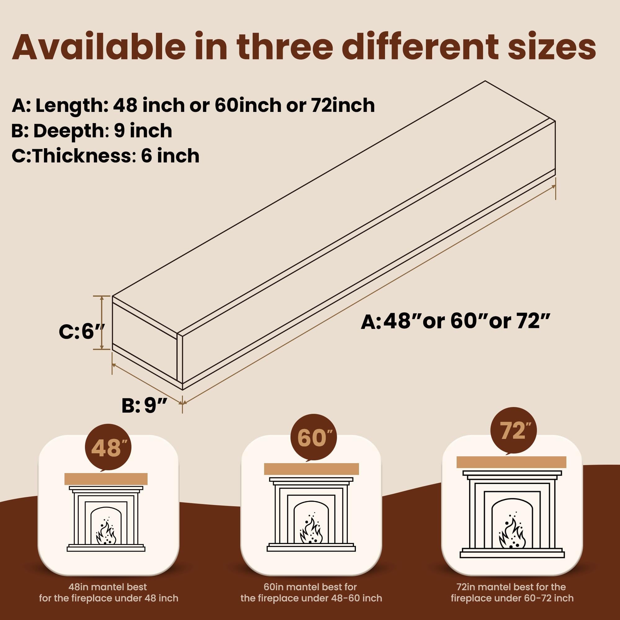 Floating Fireplace Mantel Shelf - 60 x 9 x 6 Inch Solid Wood Wall-Mounted Mantel for Over Fireplace, 60lbs Weight Capacity, Walnut Finish - Perfect for Living Room, Bedroom & Home Decor