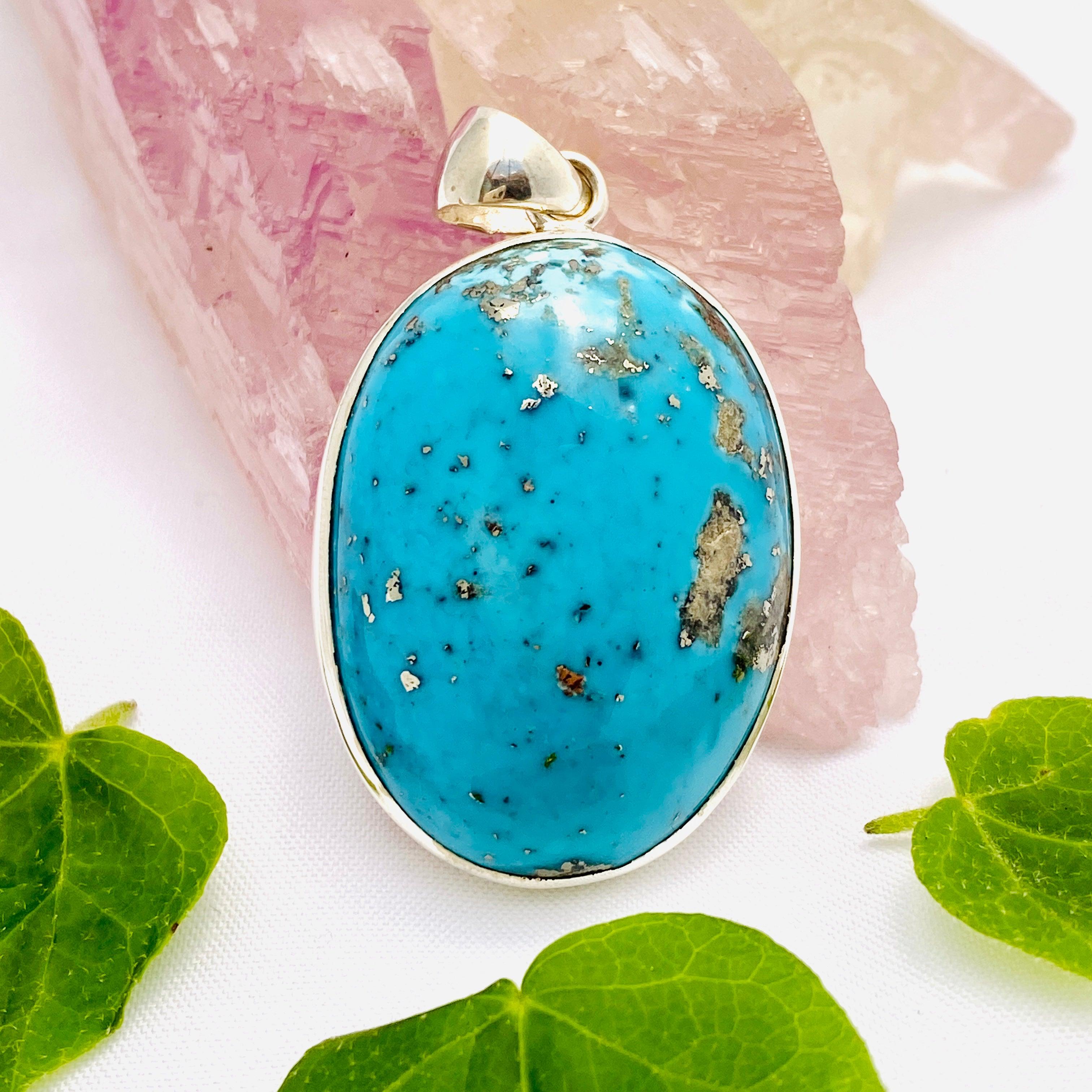 Natural Persian Turquoise & Pyrite Oval Cabochon Pendant KPGJ1712 - Handmade Jewelry for Women, Boho Chic Necklace, Perfect for Gifts & Everyday Wear