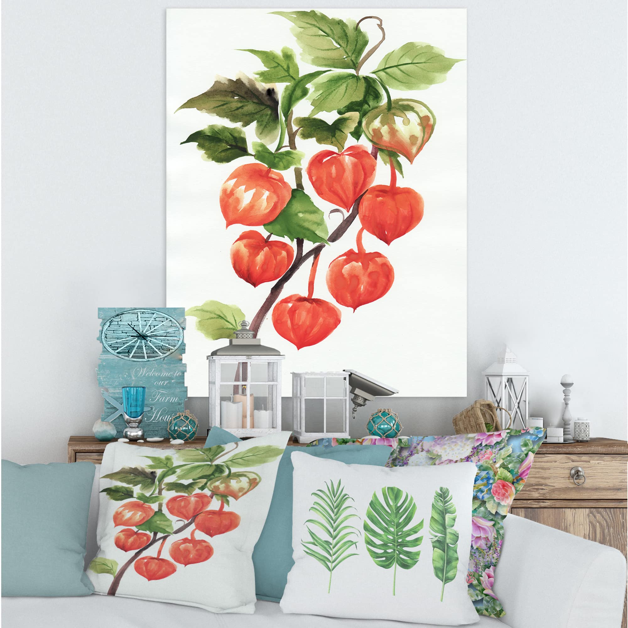 Red Physalis Traditional Canvas Wall Art - Handmade Botanical Decor for Living Room, Bedroom & Office | Perfect Farmhouse & Rustic Home Decor