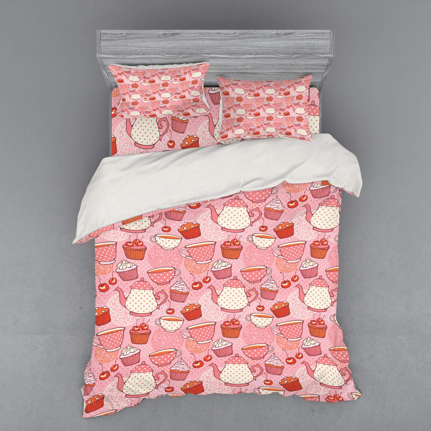 Ambesonne Cartoon Bedding Set - 4 Piece Duvet Cover with Shams & Fitted Sheet, Queen Size, Pink Orange Red Teapot & Cup Design with Polka Dots, Cherries & Cake Patterns - Perfect for Kids' Rooms, Tea Lovers & Vintage Themed Bedrooms