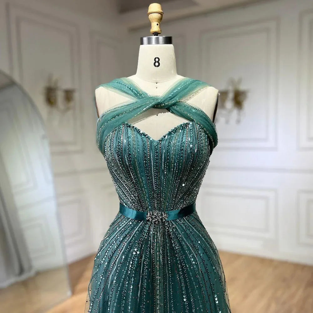 Luxury Beaded Mermaid Evening Gown for Women - Dubai Turquoise Spaghetti Strap Wedding Party Dress 2025 | Elegant Formal Gowns for Prom, Red Carpet & Special Occasions