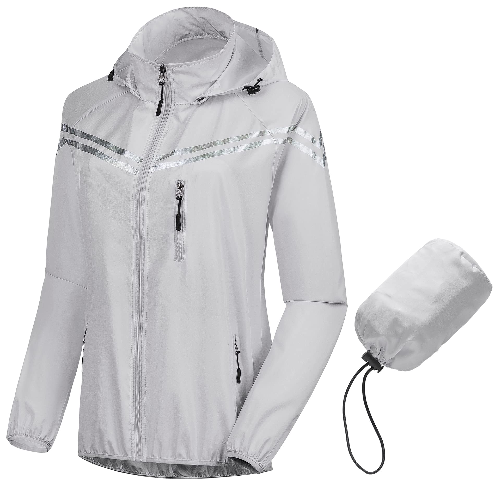 CREATMO Women's Lightweight Packable Waterproof Running Rain Jacket - Reflective Windbreaker with Detachable Hood for Cycling, Hiking & Outdoor Activities - Perfect for Rainy Weather & Nighttime Visibility