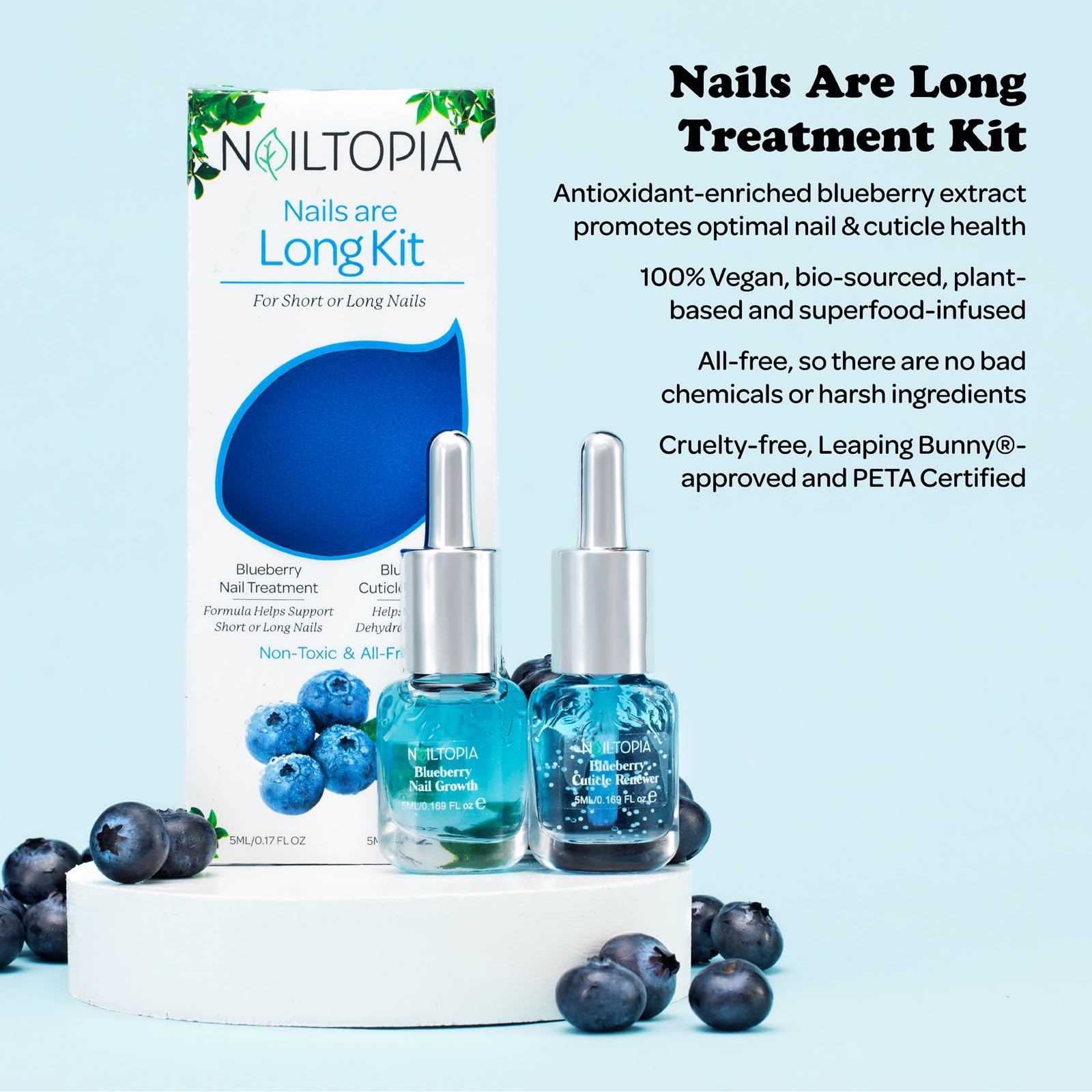 Nailtopia Nail Strengthening Kit for Short & Long Nails - Plant-Based, Non-Toxic Cuticle Treatment with Blueberry Extract - Hardening & Conditioning Superfood Nail Care (2-Piece Set) - Perfect for Dry Cuticles & At-Home Manicures