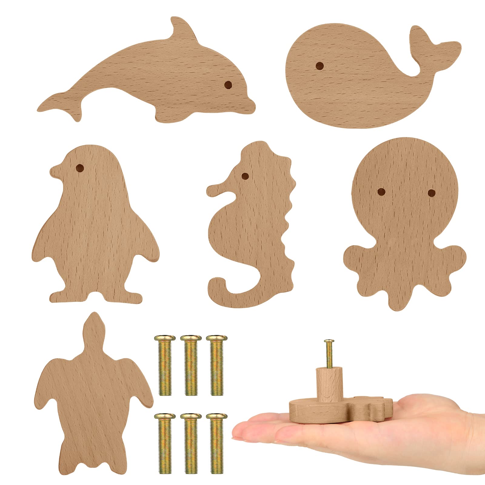 Natural Wooden Animal Cabinet Knobs - 6 Sets of Decorative Wood Dresser Pulls with Screws for Nursery, Kids Room & Home Furniture - Sea Animal Theme Handles for Dressers, Cabinets & Drawers