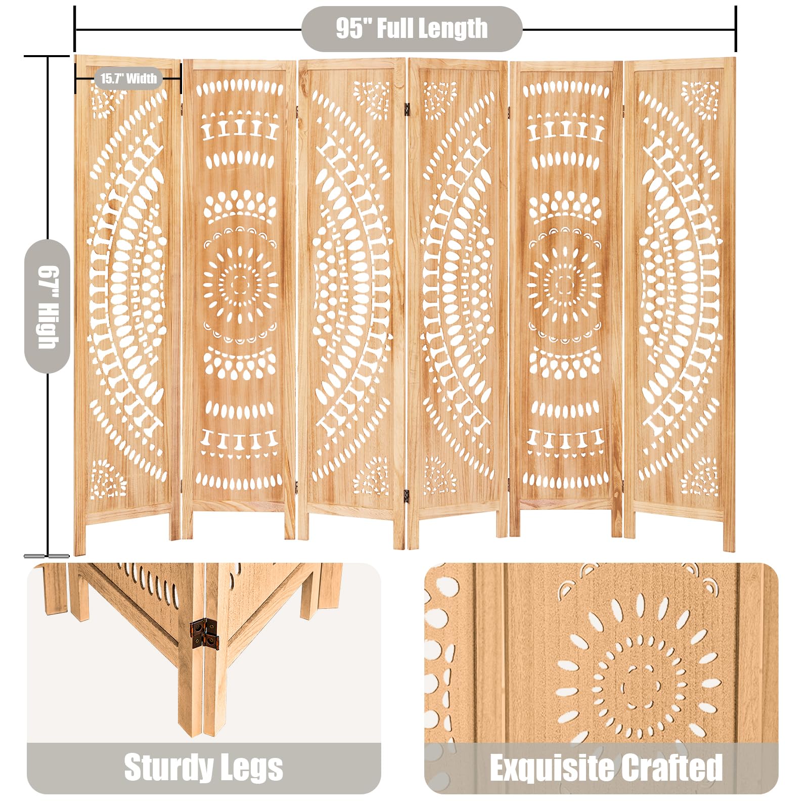 5.6 FT Wooden Room Divider Screen - 6 Panel Folding Partition Wall with Carved Design for Home, Bedroom & Office | Portable Space Separator for Privacy, Decoration & Room Organization (Natural Finish)