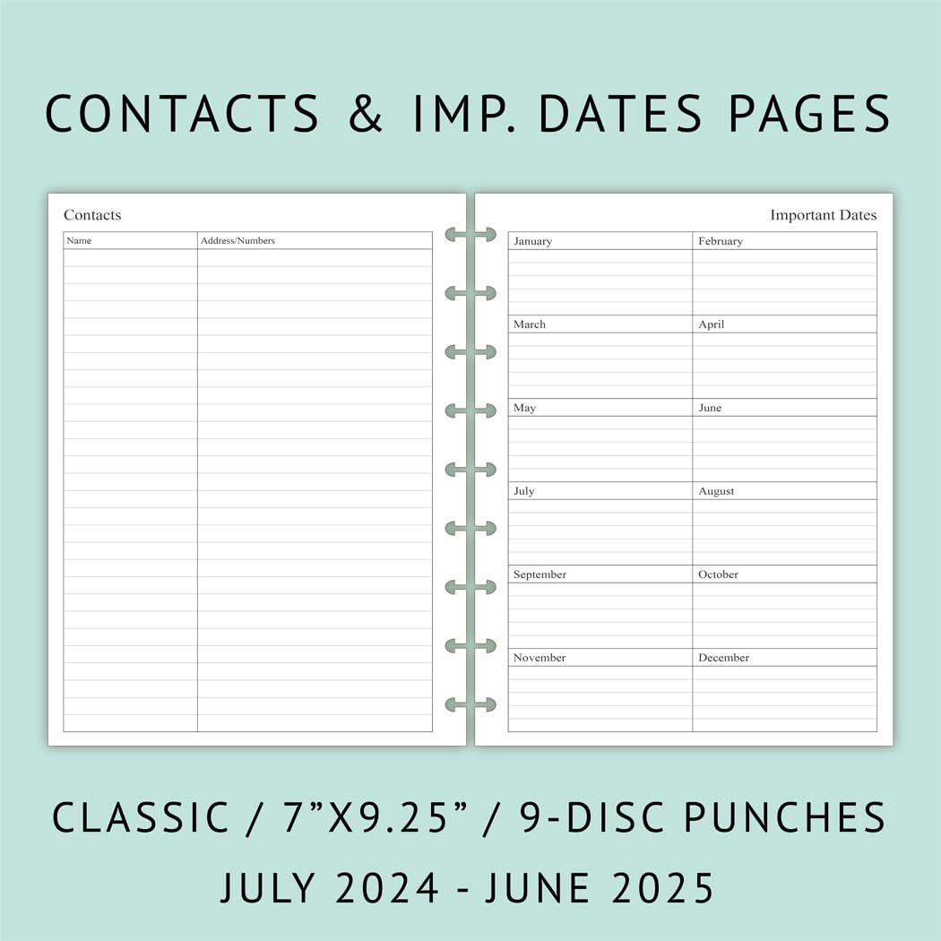 Newestor 2024-2025 Weekly Planner Refills for Happy Planner - July 2024 to June 2025 Calendar, 9 Discs Punched, Classic Size 7