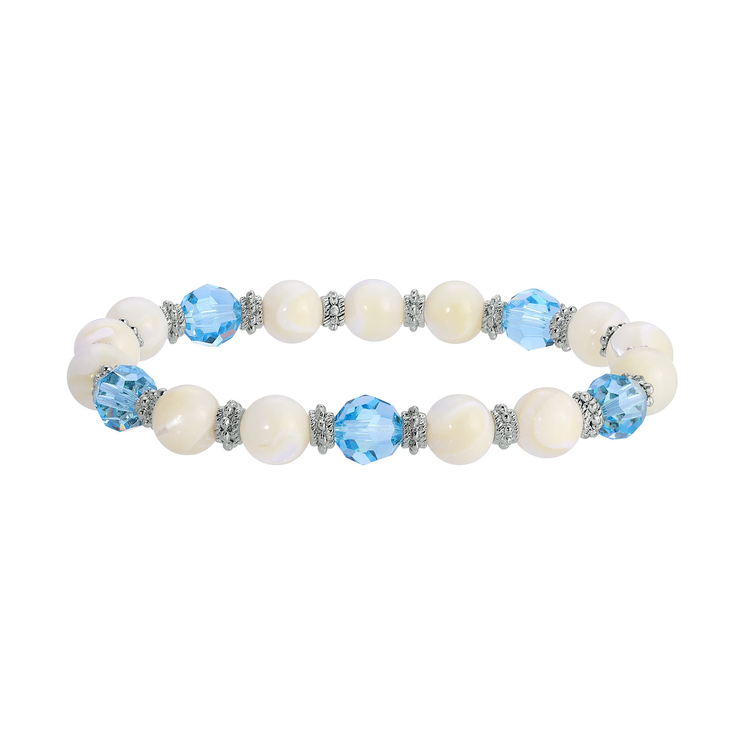1928 Jewelry Aquamarine Blue Crystal Mother of Pearl Stretch Bracelet - Elegant Beaded Wrist Accessory for Women, Perfect for Weddings, Parties & Everyday Wear