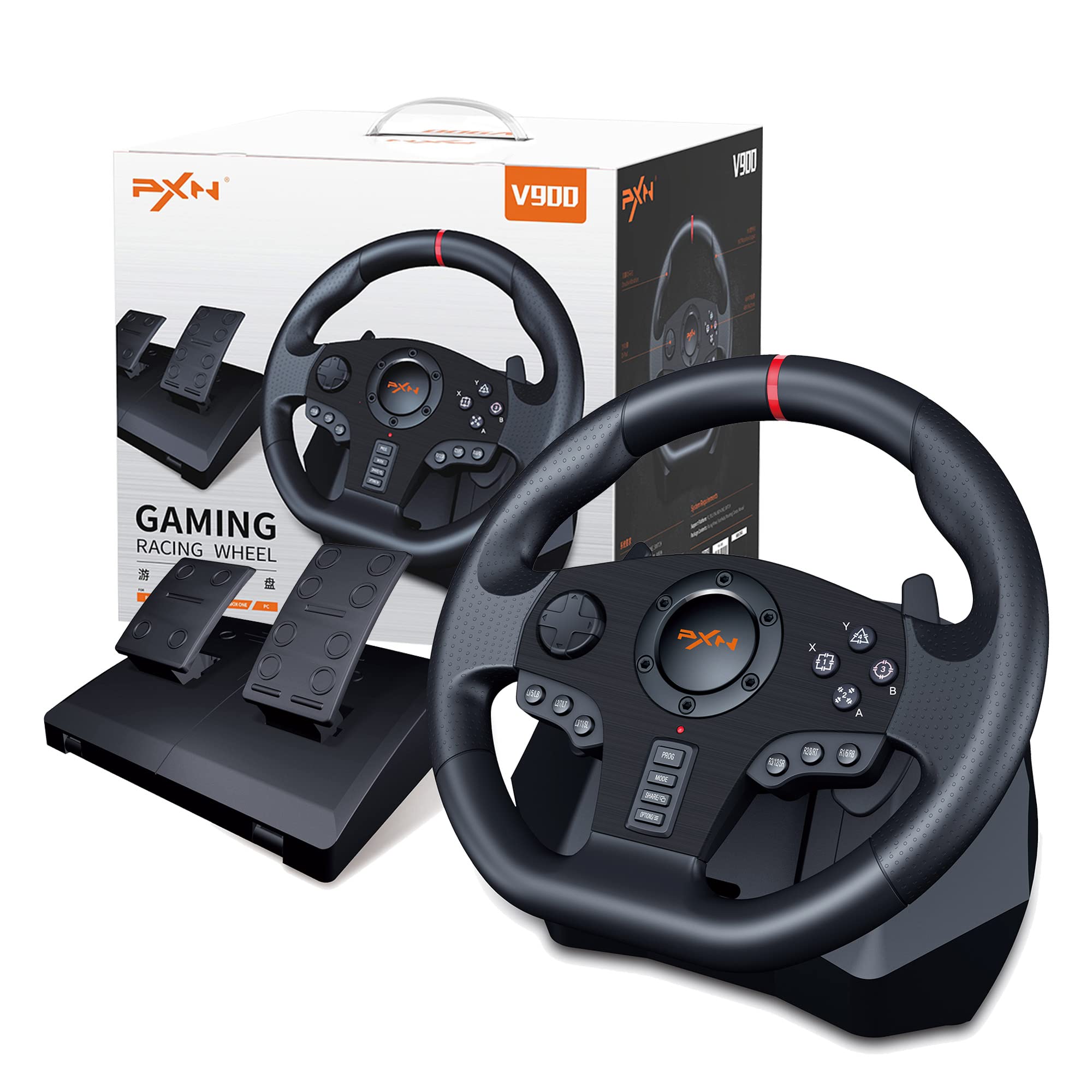 PXN V900 Gaming Steering Wheel - 270°/900° Adjustable Racing Wheel with Pedals & Paddle Shifters, Force Feedback for Xbox One, Series X/S, PS4, PS3, PC, Nintendo Switch & Android TV - Perfect for Simulation Racing & Gaming Enthusiasts