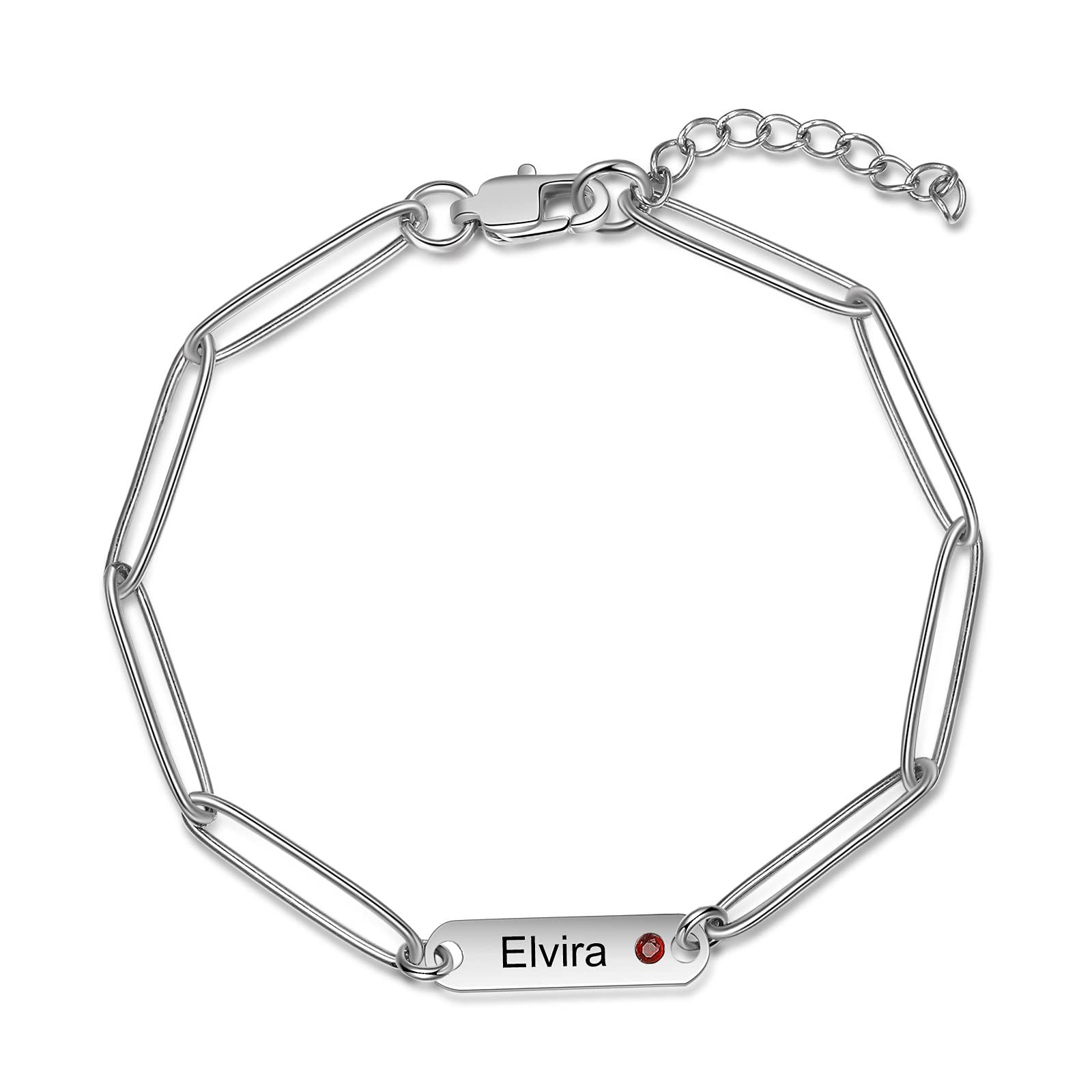 Personalized Birthstone Paperclip Link Bracelet for Women - Custom Name Silver Jewelry Gift for Wife, Girlfriend, Daughter, Sister, Mother | Christmas, Birthday, Anniversary Present for Her | Everyday Wear & Special Occasions