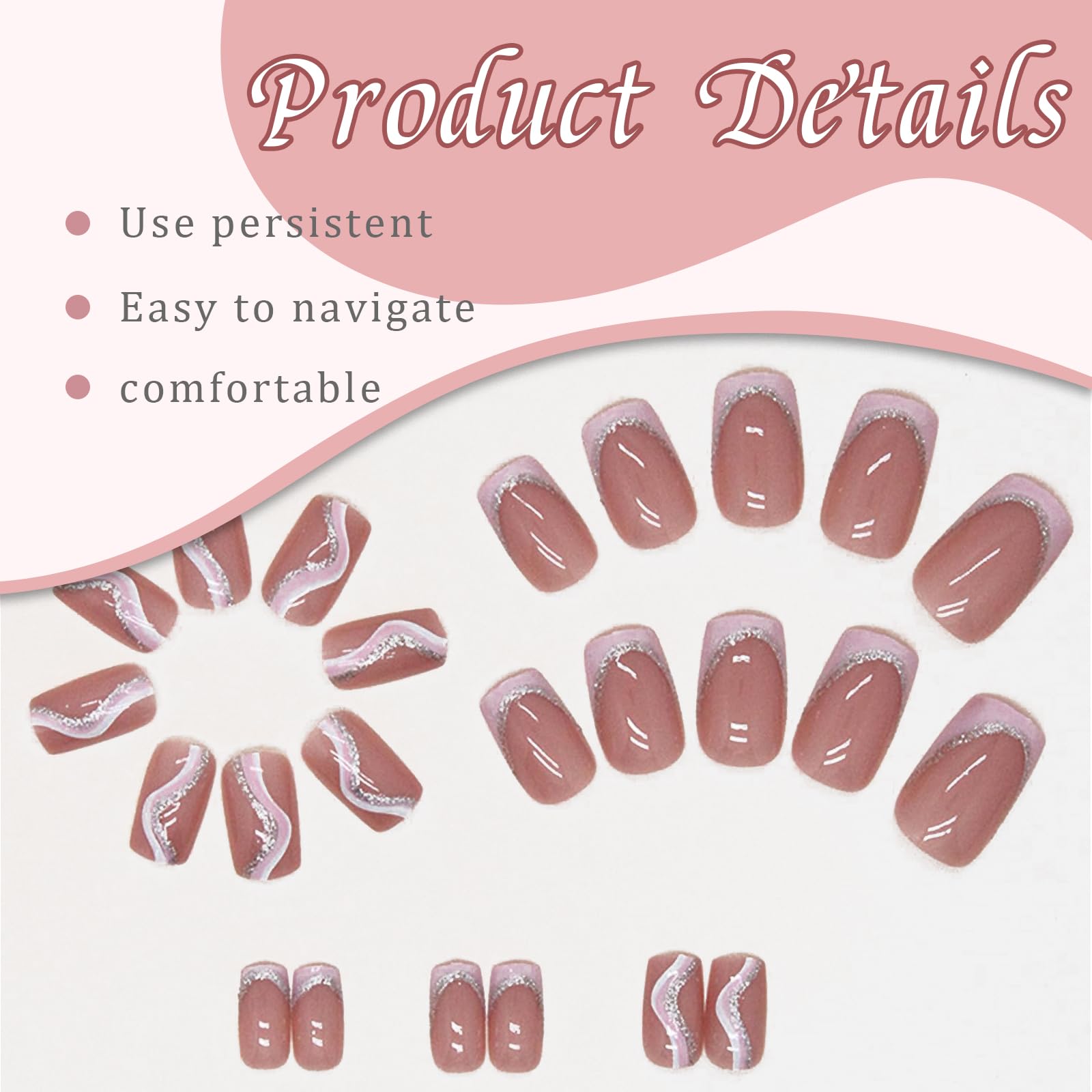 RYMAUP® 24pcs Medium Square Press on Fake Nails - Rose White Ombre with Silver Glitter & Wavy Design - Includes Nail Glue - Perfect for Parties, Weddings, Date Nights & Special Occasions