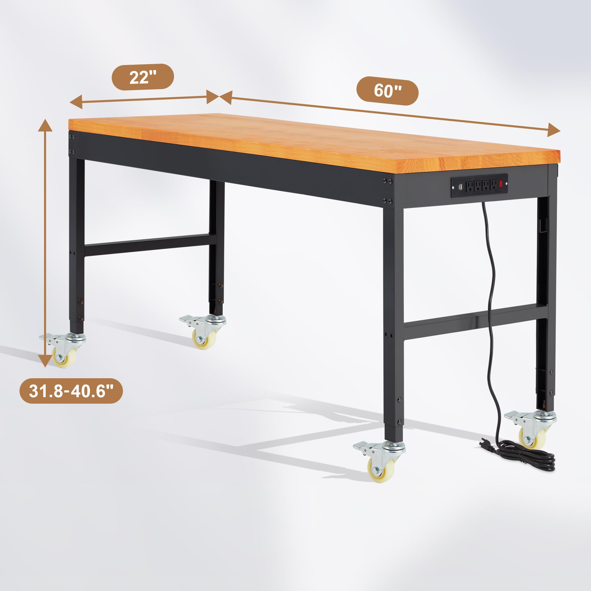 AHB 60-Inch Adjustable Height Rolling Workbench - Heavy Duty Oak Wood Work Table with Power Outlets & Wheels (2000 LB Capacity, Black 60x22 Inch) - Perfect for Garage, Workshop, Office & Home DIY Projects