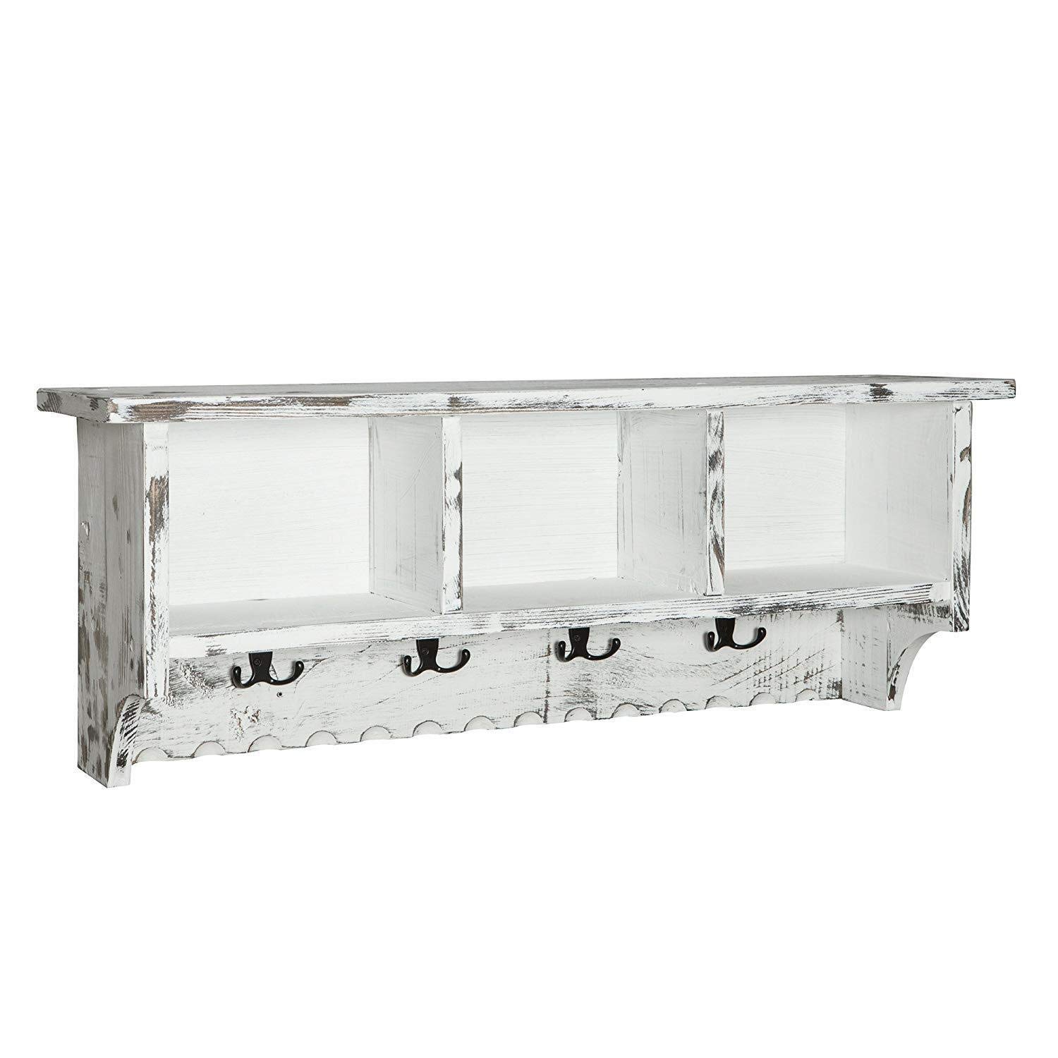Vintage Country Cottage Coat Hooks with Storage Cubbies - Antique White Distressed Wood Wall Organizer - 10
