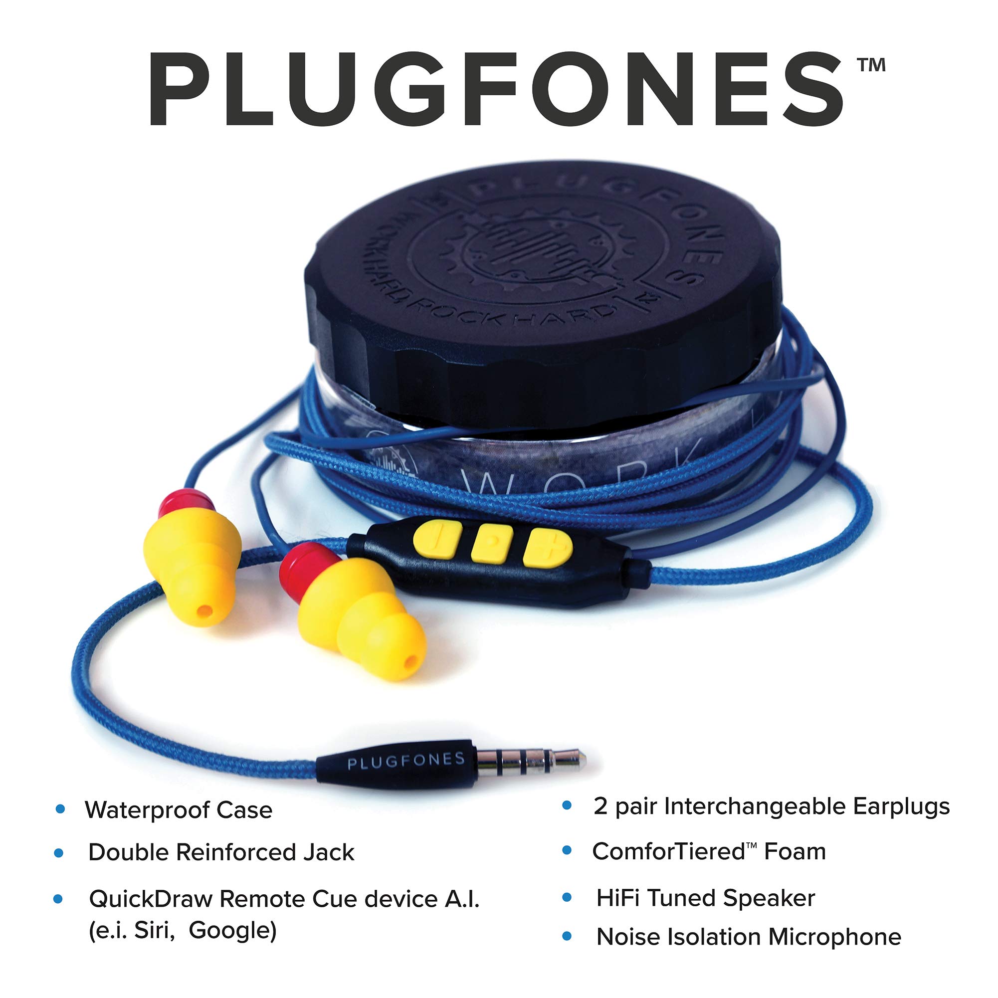 Plugfones Protector Plus VL Noise Cancelling Earbuds with Mic - In-Ear Earplug Headphones for Work, Construction & Shooting - Blue & Yellow Safety Earphones for Noise Reduction & Clear Calls