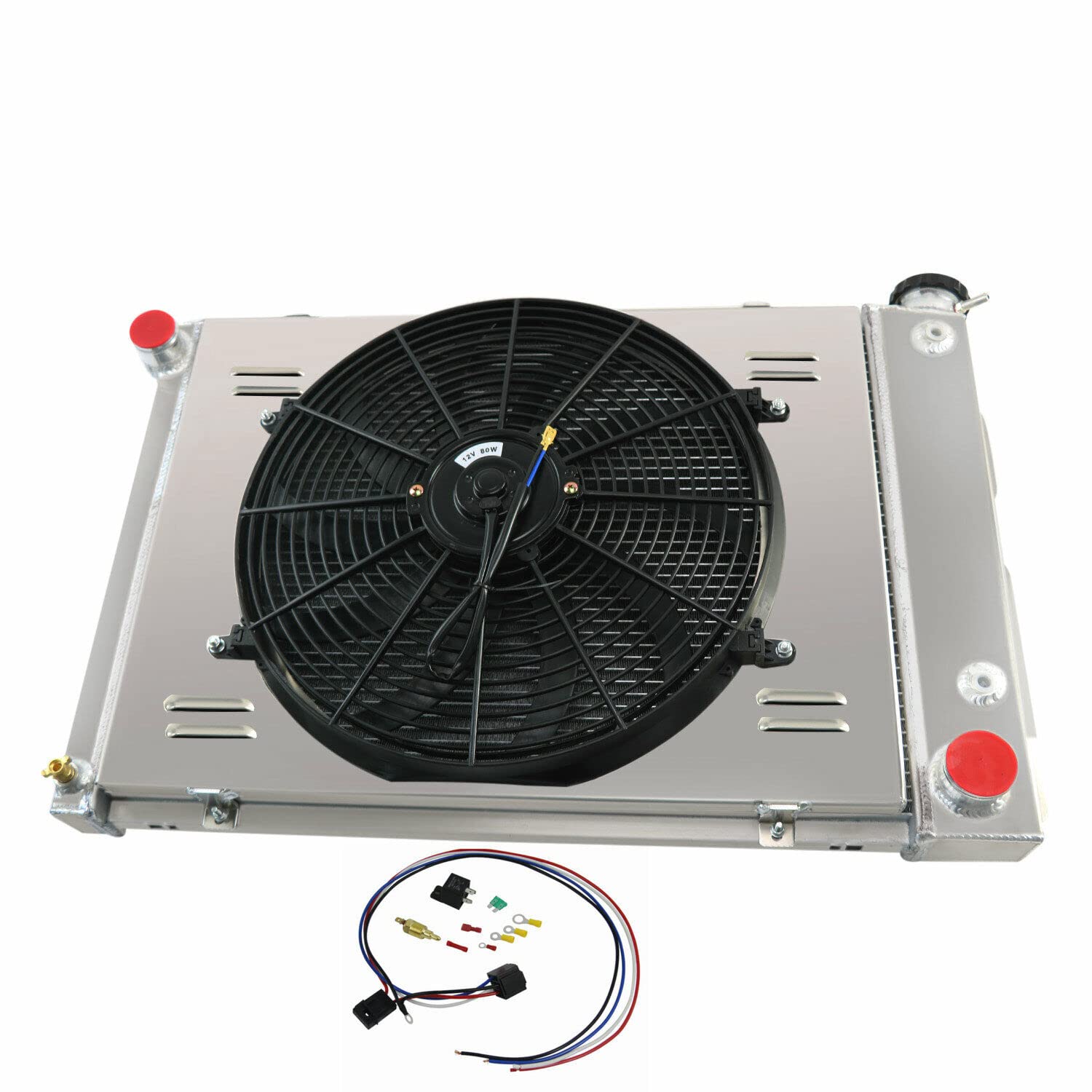 4 Row Aluminum Radiator Shroud Fan Kit for 1967-1969 Chevy Camaro & Pontiac Firebird 5.7L V8 - Direct Replacement Cooling System Upgrade - Perfect for Classic Car Restoration & Hot Rod Performance