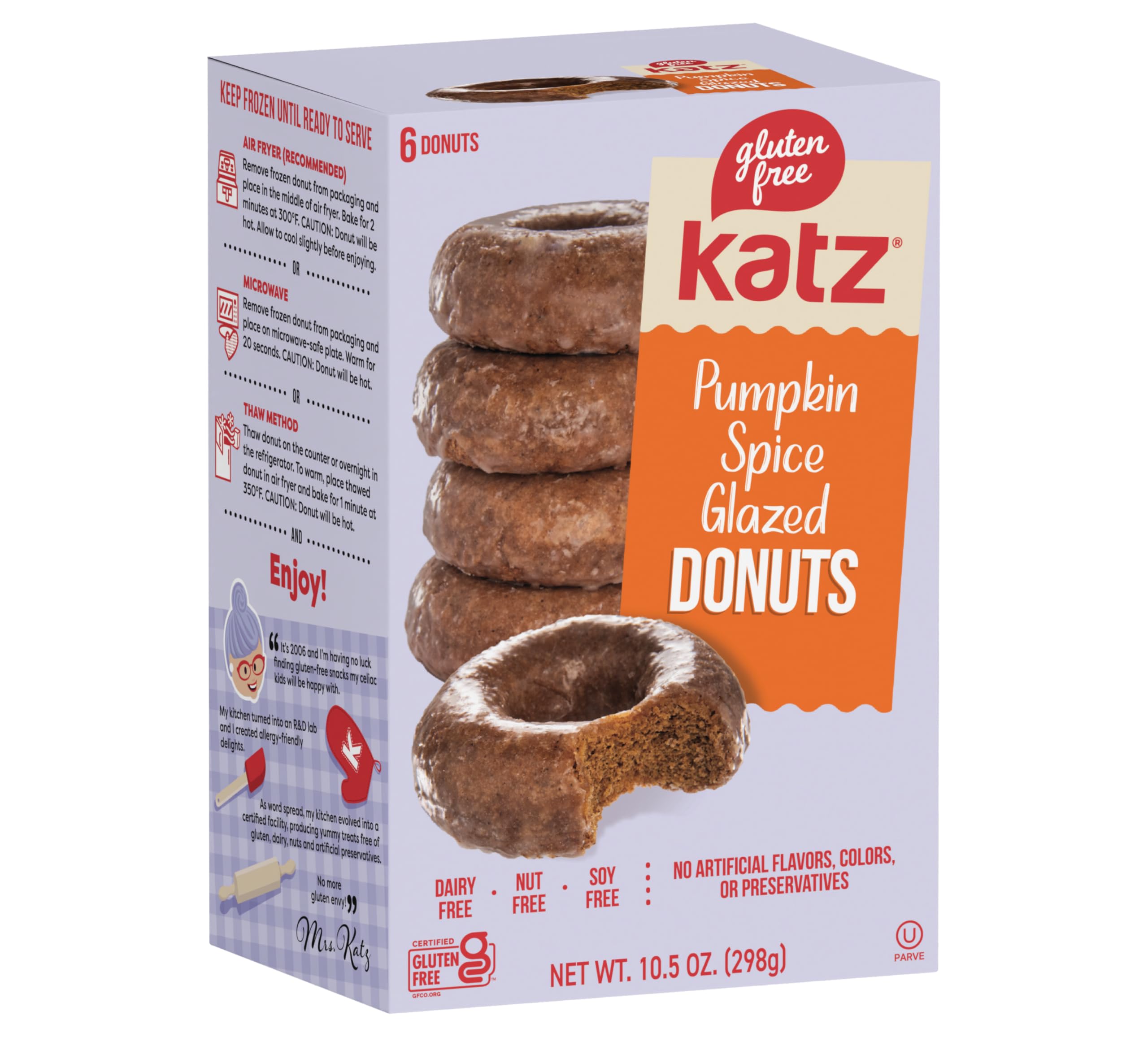 Katz Gluten Free Pumpkin Spice Glazed Donuts - 6 Pack (10.5oz) | Dairy Free, Nut Free, Soy Free, Kosher Certified | Perfect for Fall Treats, Holiday Desserts & Allergy-Friendly Snacking