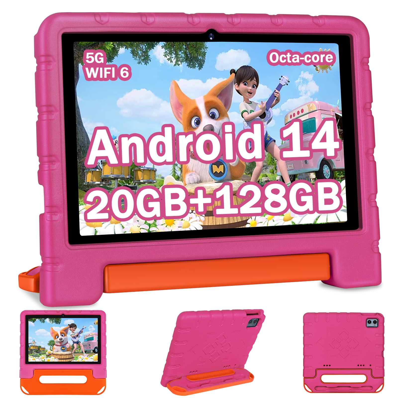 2024 Newest 10 inch Kids Tablet - Android 14 Octa-Core Tablet with 20GB RAM + 128GB Storage (Expandable to 1TB) | Shockproof Design, Dual-Band WiFi 6, Parental Controls, Face Unlock & Split-Screen - Rose Red | Perfect for Learning, Games & Travel Entertainment