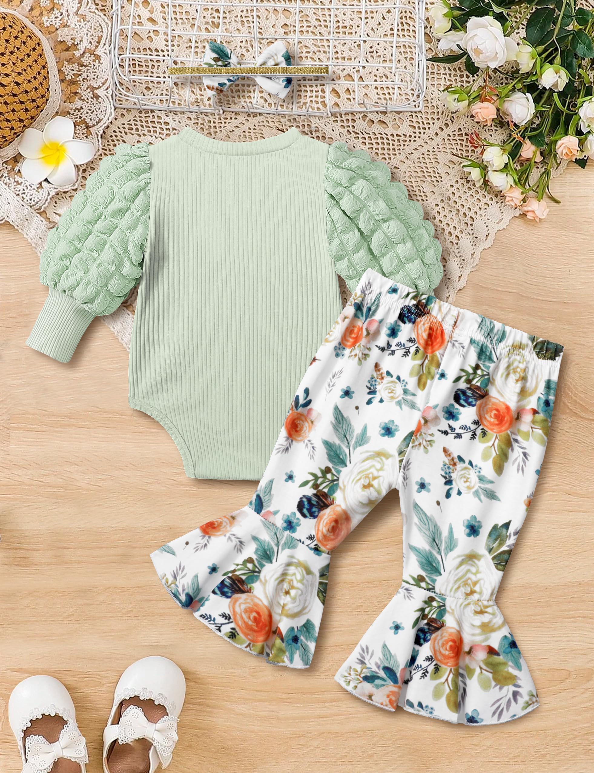 NAPU 3-Piece Baby Girl Outfits - Long Sleeve Romper & Flare Pants Set with Headband | Winter Clothes for Girls | Perfect for Fall Photoshoots, Holiday Gifts & Daily Wear