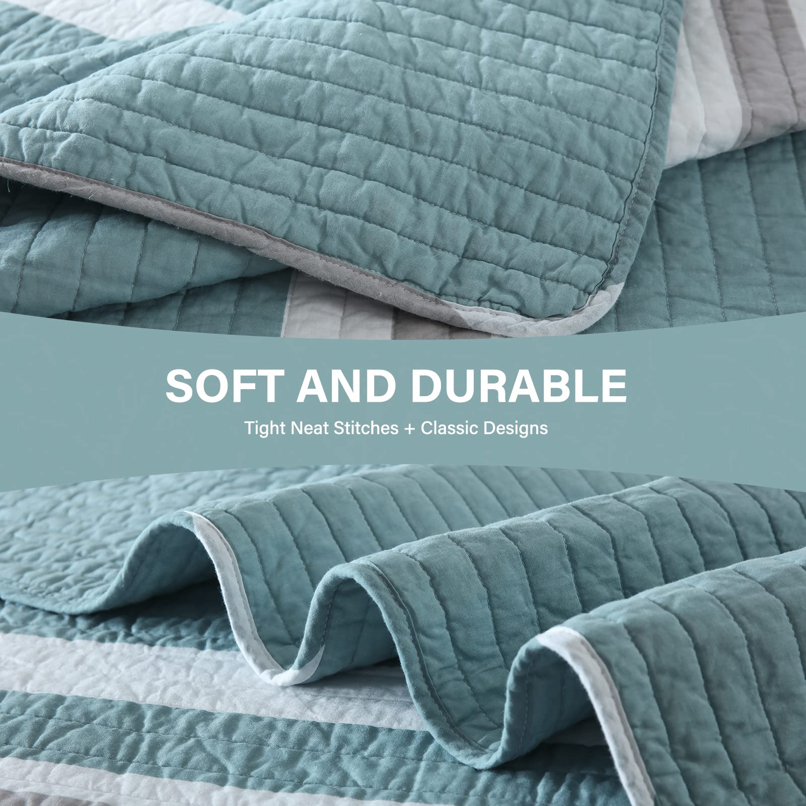 100% Cotton King Size Quilt Set - Lightweight Reversible Striped Bedspread for All Seasons | 3-Piece King Bedding Set in Grayish Green | Perfect for Master Bedroom, Guest Room & Cozy Home Decor