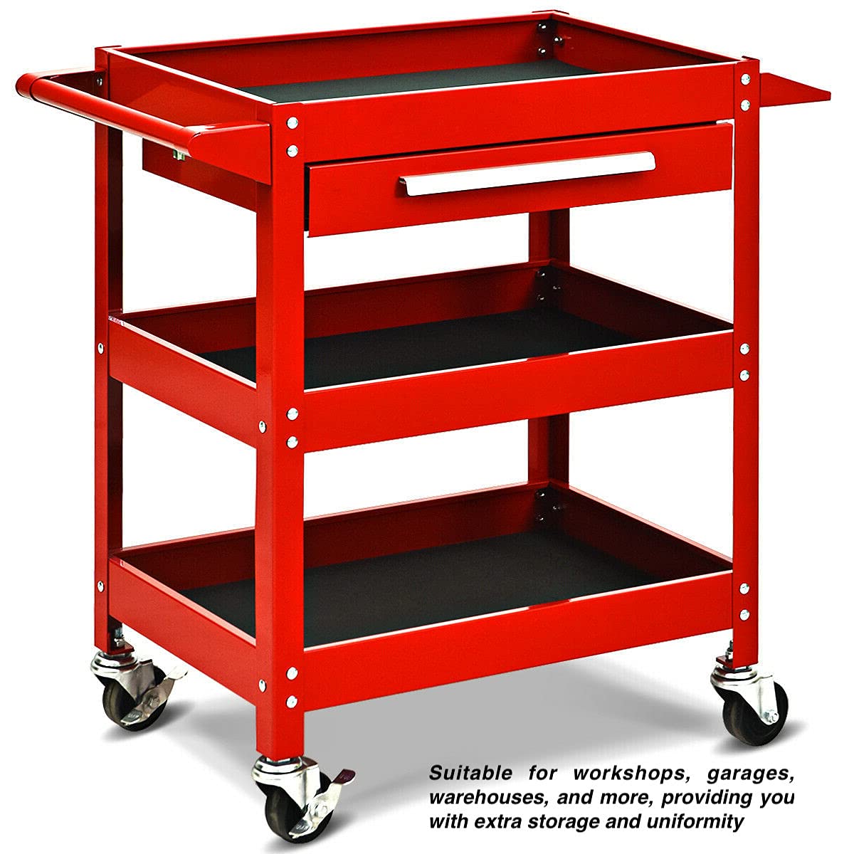 3-Tier Red Rolling Tool Cart with Drawers - Heavy Duty Steel Mechanic Toolbox Organizer for Garage, Workshop & Warehouse | Multi-Storage Space, Drawer Plug | Perfect for DIY Projects & Professional Use