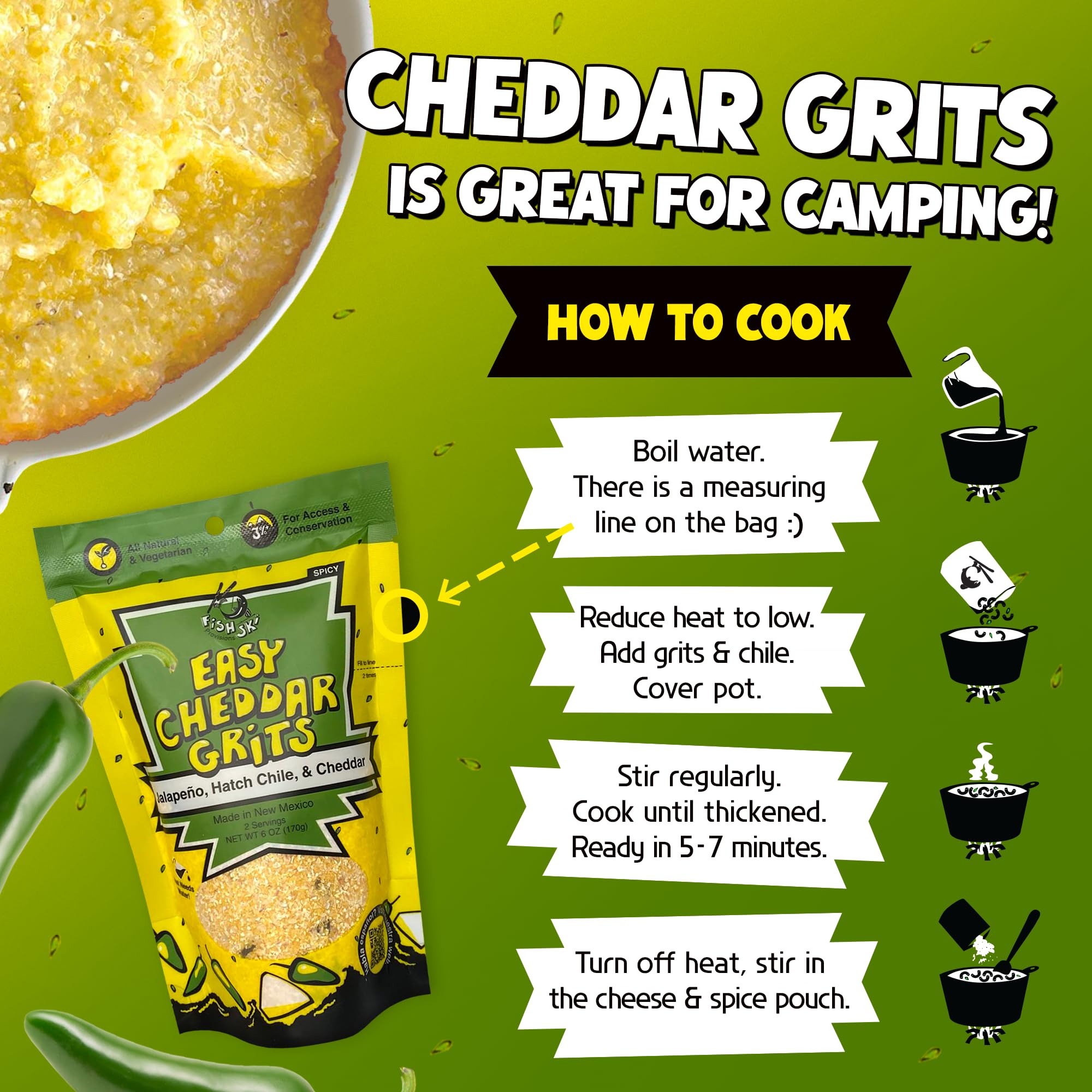 FishSki Provisions Jalapeno Yellow Corn Grits with Cheddar Cheese, Hatch Green Chile & Garlic - 6 oz Bags (24 Pack) | Perfect for Breakfast, Camping & Quick Meals