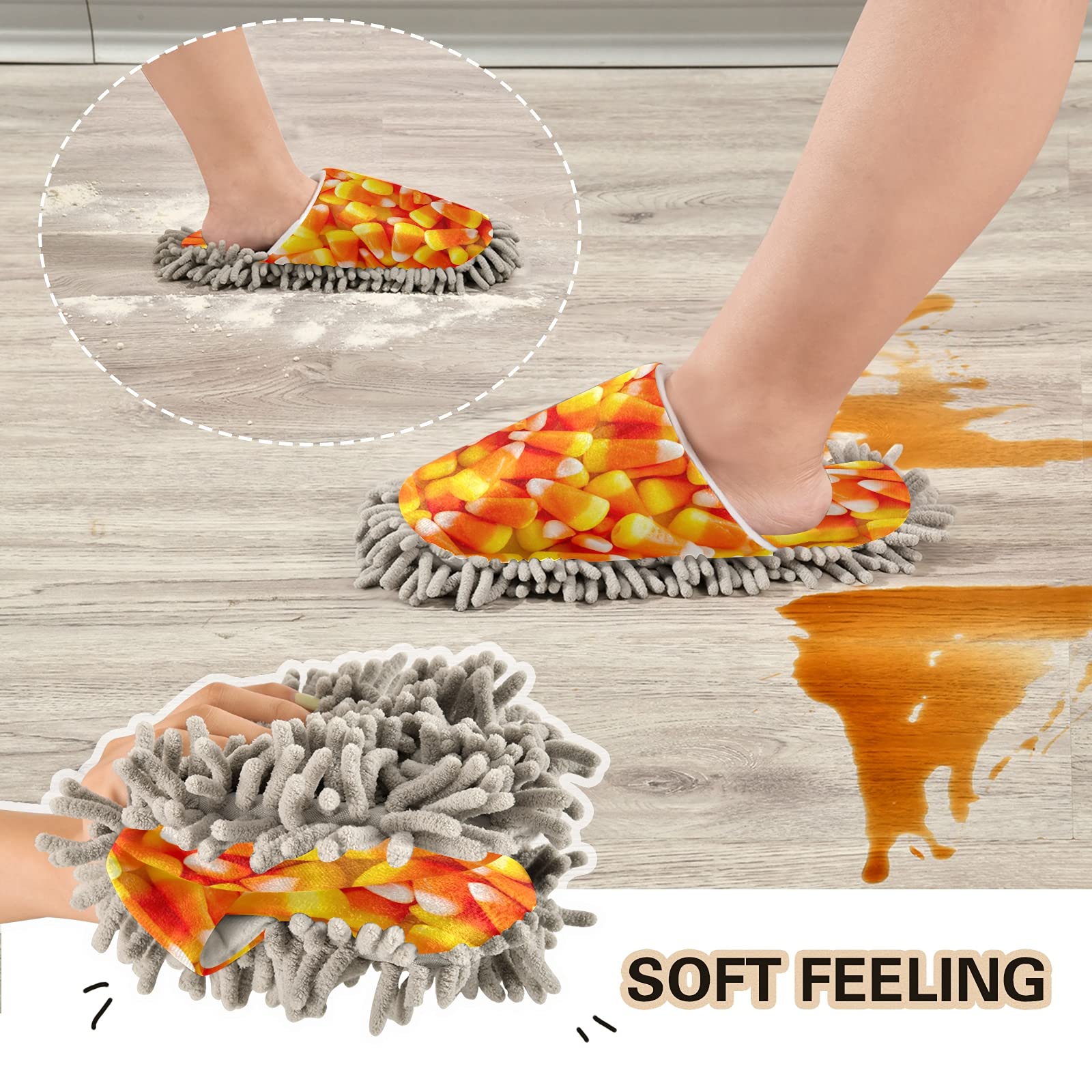 Boccsty Halloween Candy-Corn Mop Slippers - Non-Slip Cleaning House Shoes for Men & Women - Spa & Dusting Slippers for Home Use - Perfect for Halloween Costumes, House Cleaning & Relaxation