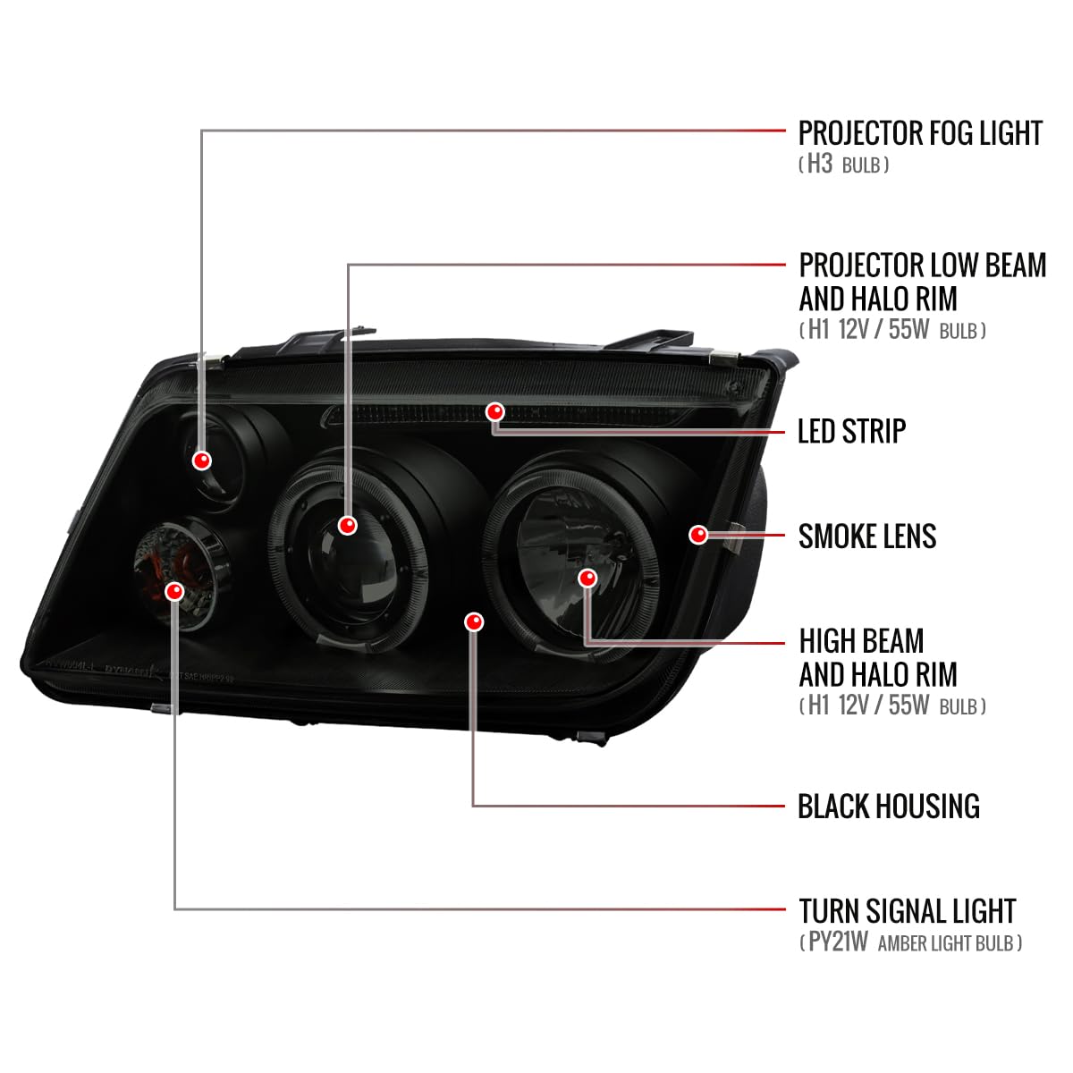 99-05 LED Halo Black Projector Headlights with Smoke Lens & Fog Lights - Upgrade Your Car's Style & Visibility for Night Driving