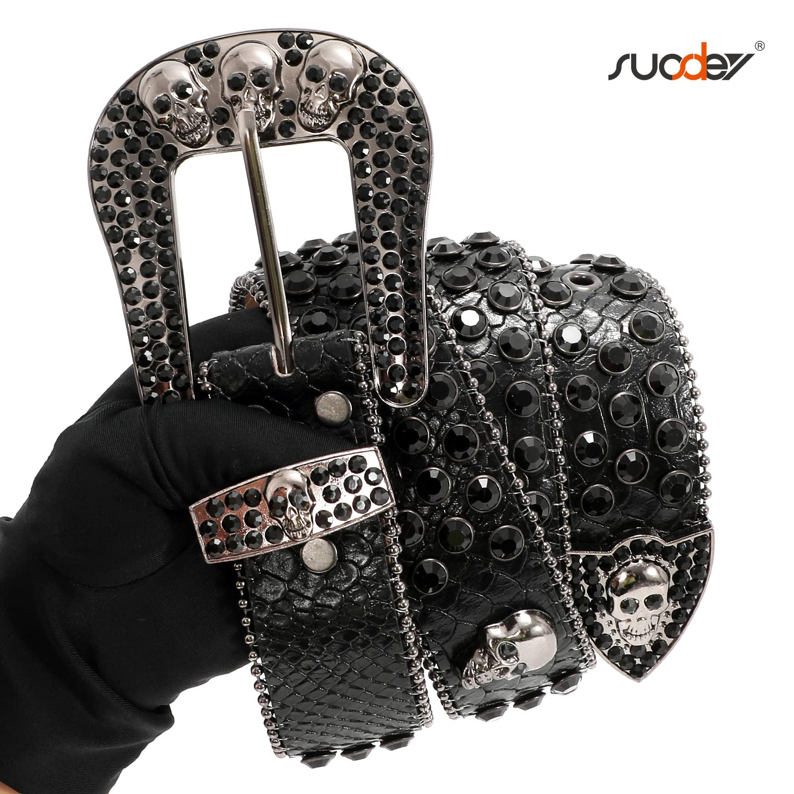 SUOSDEY Rhinestone Skull Belt for Men & Women - Punk Fashion Studded Leather Belt with Bling for Jeans, Pants & Jackets | Perfect for Gothic, Rocker & Edgy Outfits