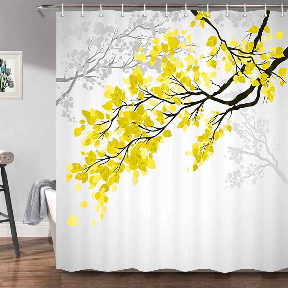 Yellow and Grey Leaf Shower Curtain with Tree Branch Art Print - 69x70 Inch Waterproof Polyester Bathroom Curtain - Includes 12 Hooks - Perfect for Modern, Nature-Inspired Bathroom Decor and Spa-Like Shower Experience