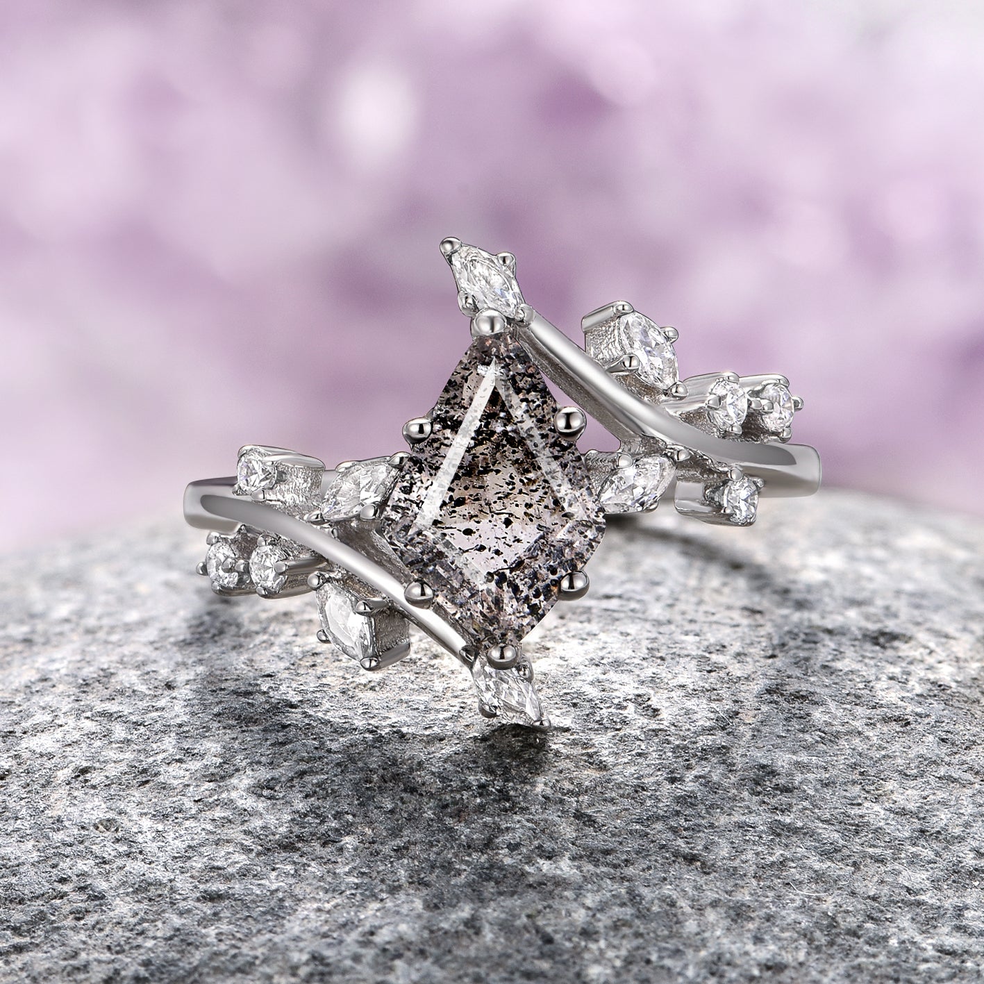 Galaxy Raw Salt & Pepper Herkimer Diamond Leaf Ring - Sterling Silver Jewelry for Women - Perfect for Boho, Nature Lovers & Everyday Wear
