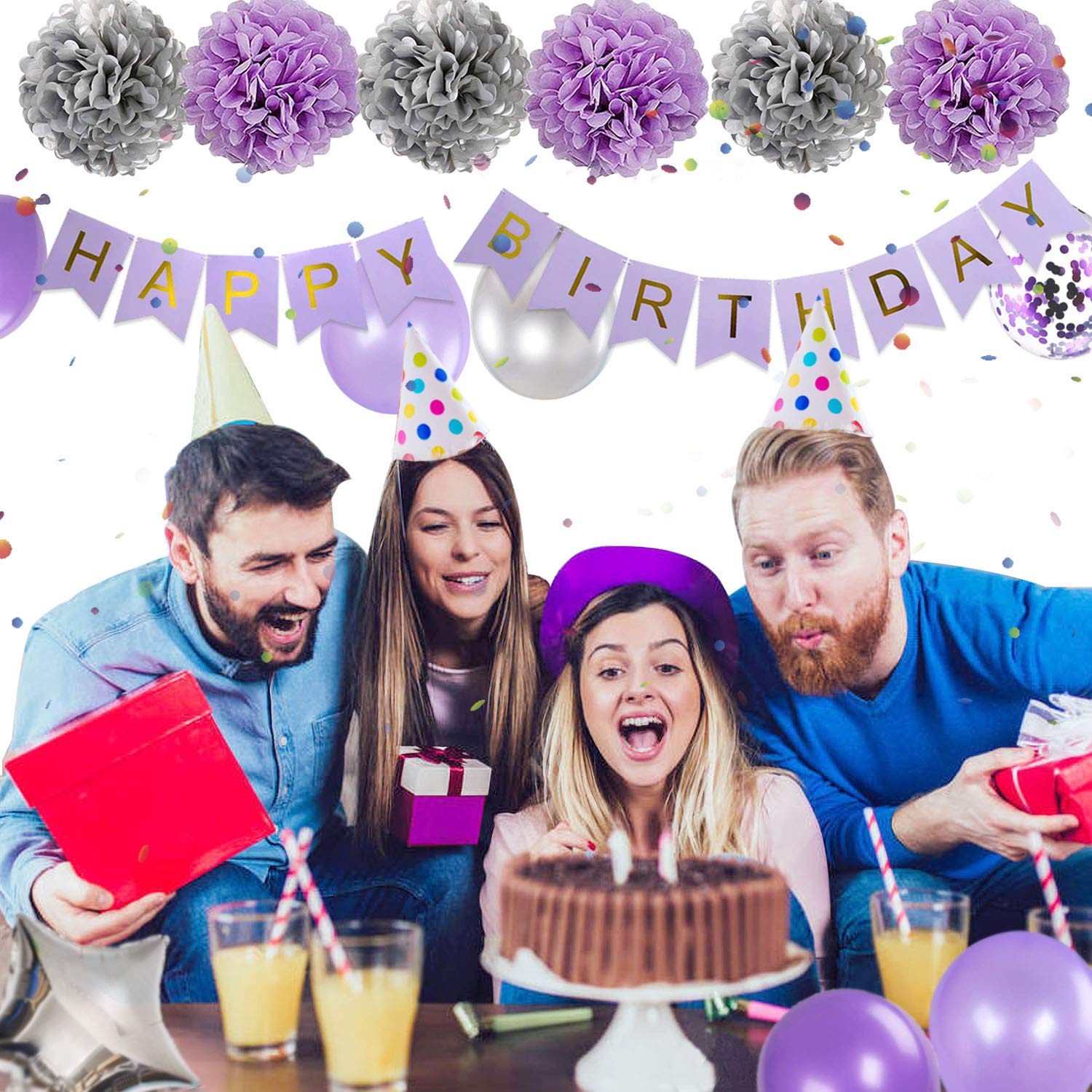 Lavender & Silver Birthday Party Decorations Kit for Girls & Women - Includes Happy Birthday Banner, Pompom Flowers, Foil Balloons, Confetti & Ribbons | Perfect for Birthday Parties, Baby Showers & Special Celebrations
