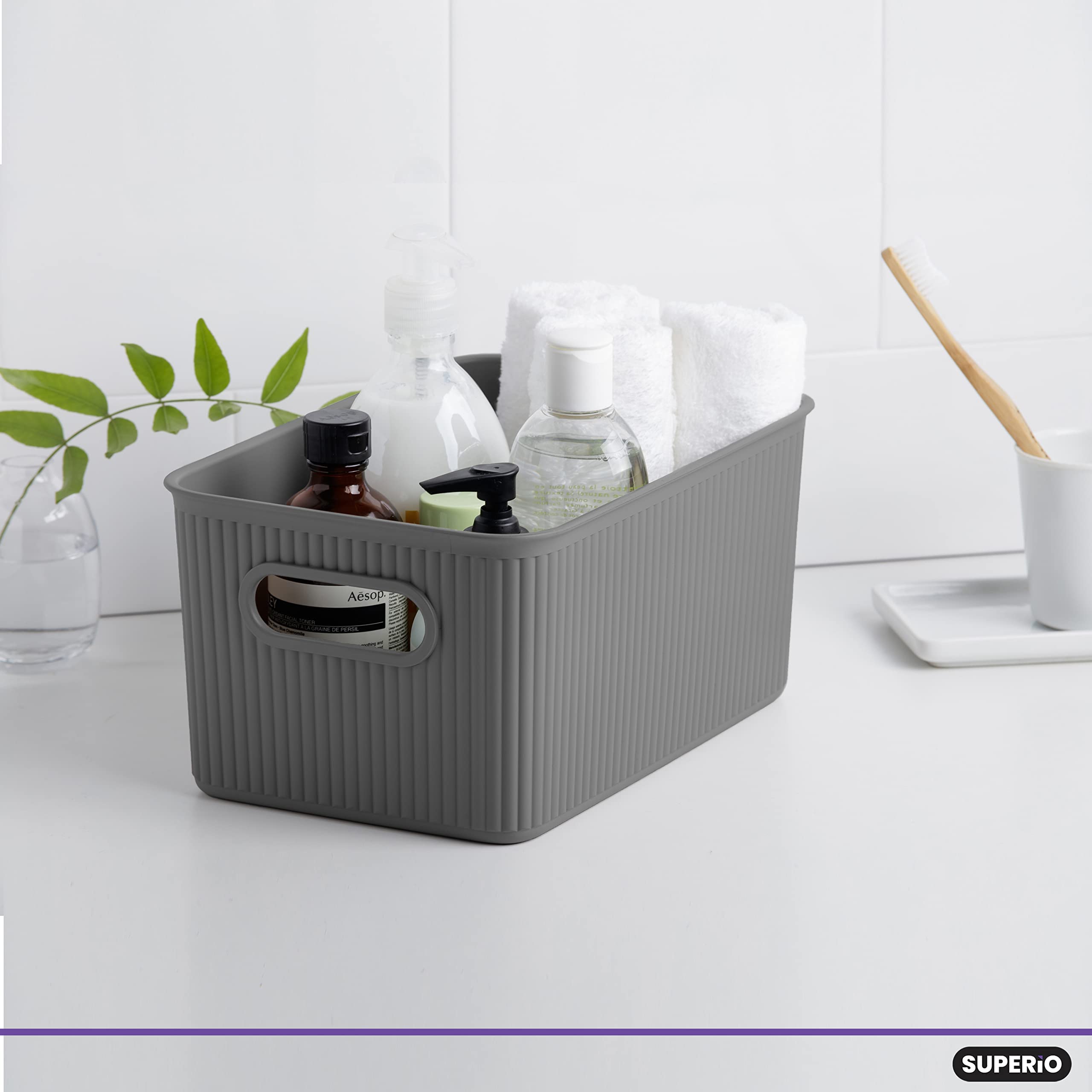 Superior Decorative Lidded Storage Bins - 2 Pack 5L Plastic Organizer Baskets in Medium Gray | Stackable Home Organization Box for Closet, Shelves, Drawers & Pantry | Perfect for Bedroom, Bathroom & Office Storage Solutions