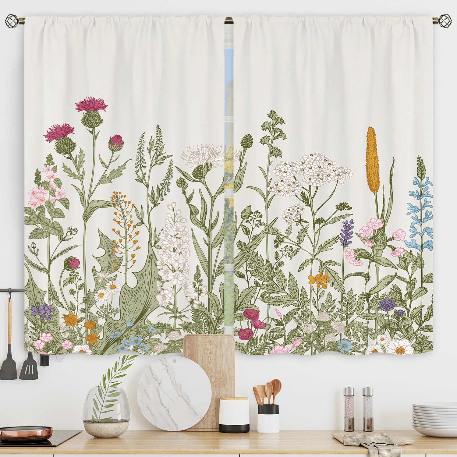 Riyidecor Floral Kitchen Curtains - Small Wildflower Cafe Curtains with Green Leaves & Botanical Print, Rod Pocket Farmhouse Style Window Drapes (2 Panels 27.5x39 Inch) for Kitchen, Living Room & Bedroom - Sage Green Herb Themed Home Decor for Cozy Cottage & Country House Aesthetic